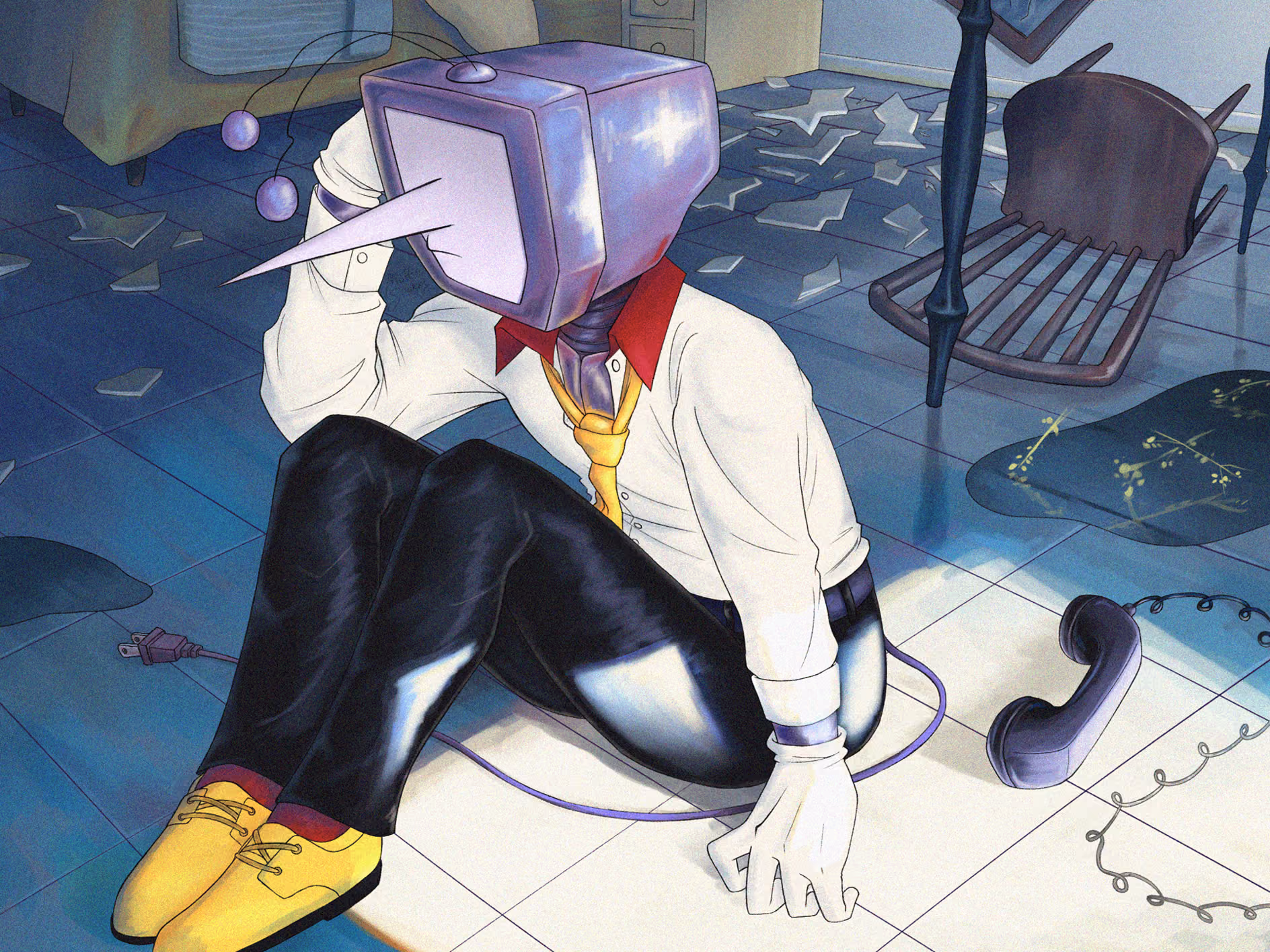 Art redraw from "Lemonade" by Mili but with Tenna and now with a noise effect. He sits somberly in a blue-ish room with a telephone on the floor next to him and a brocken mirror in the background. Shards of glass are strewn about the back.