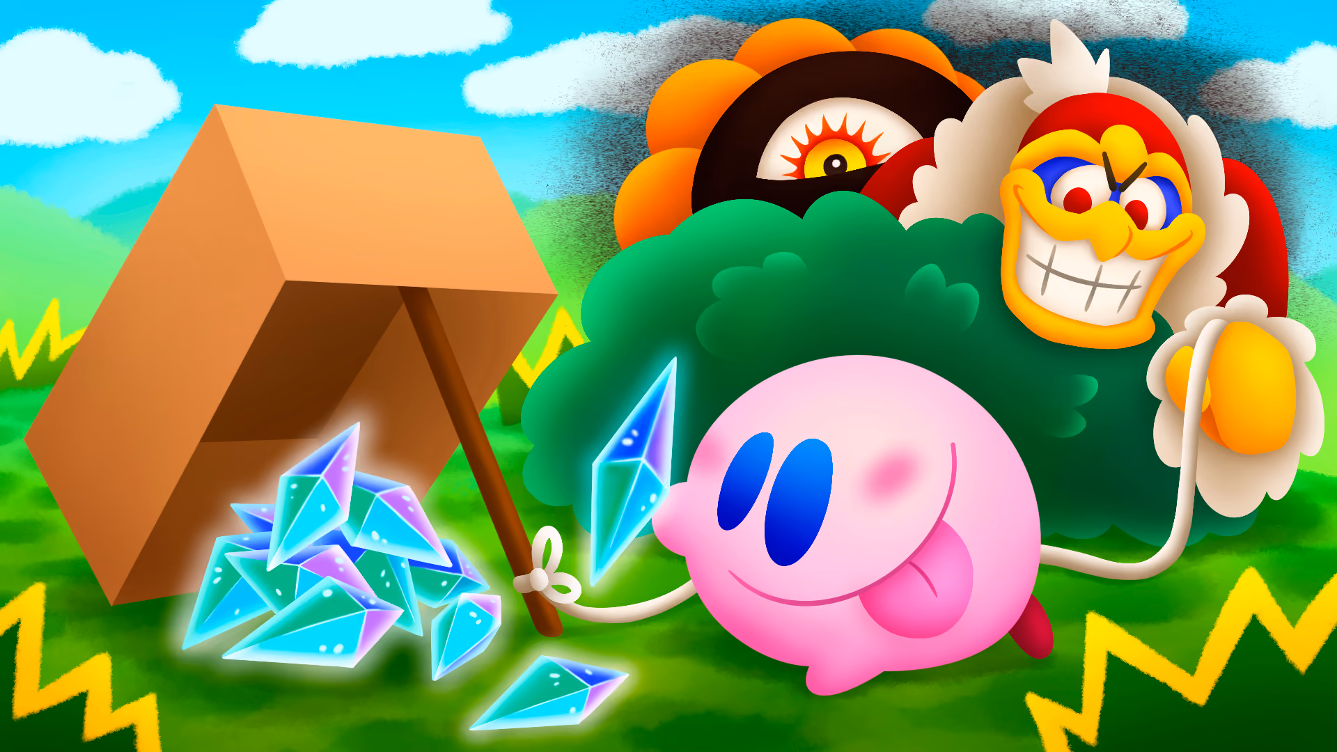 Kirby following a trail of crystal shards that lead to a box and stick trap. A Dark Matter possessed Dedede is hiding behind a bush ready to pull the string