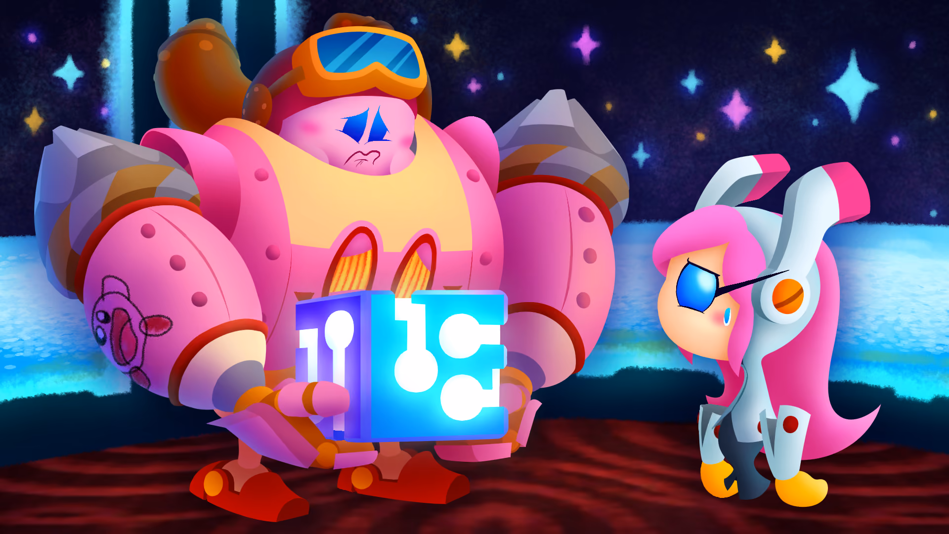 Planet Robobot thumbnail art of Kirby in his Robobot suit sadly holding a Code Cube with Susie looking at Kirby with pity