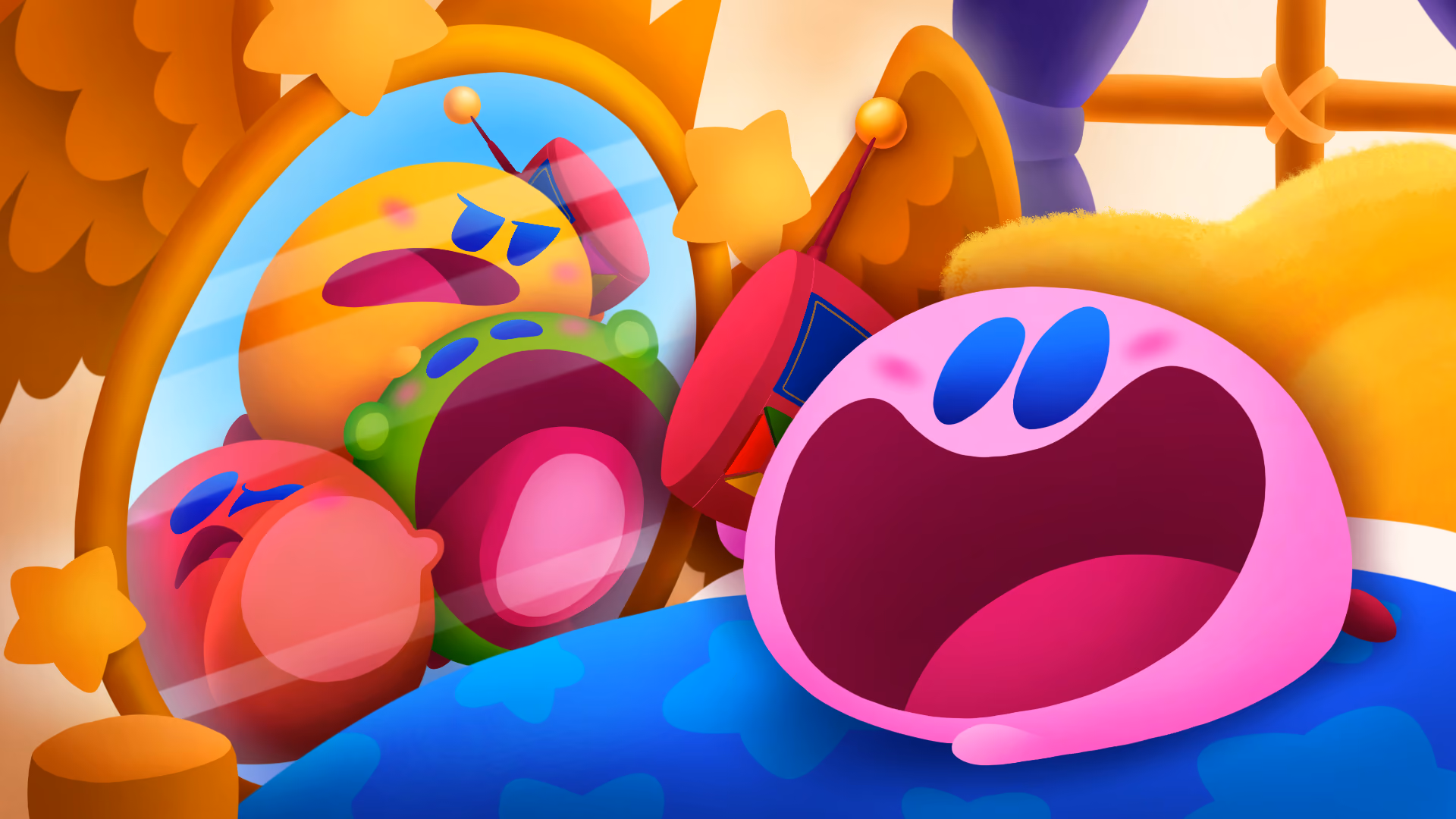 Kirby and the Amazing Mirror thumbnail art of Kirby happily taking a call and the Dimensional Mirror in the background shows the three other colored Kirbies trapped in it.