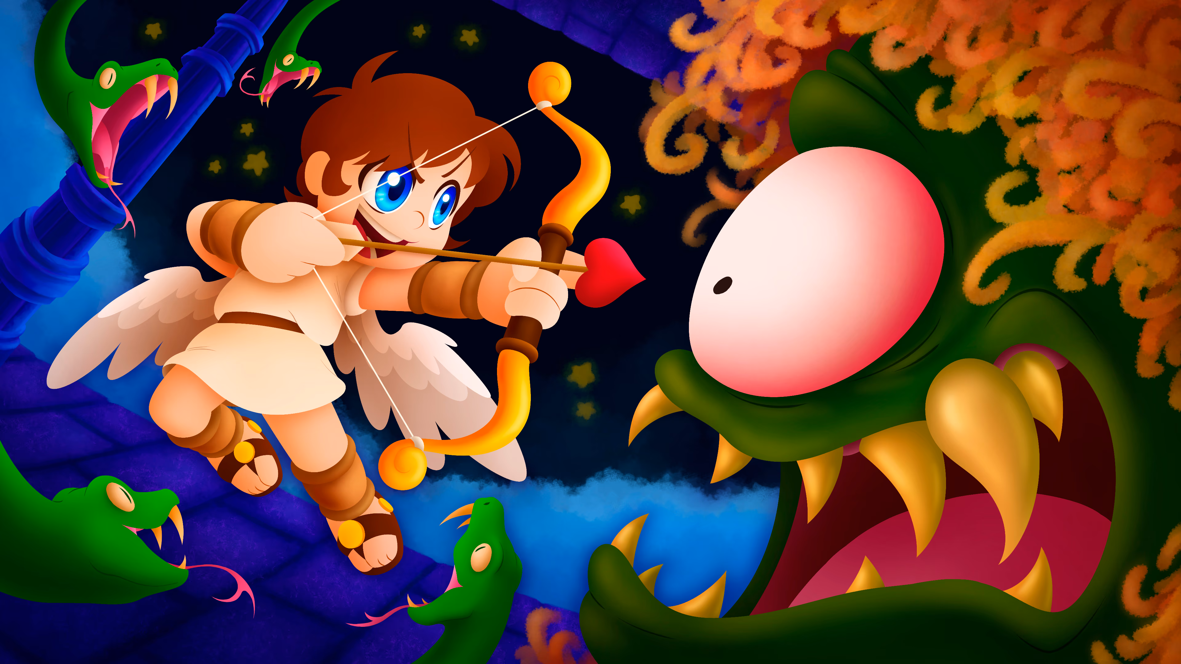 Kid Icarus thumbnail art with Pit about to strike an arrow into Medusa