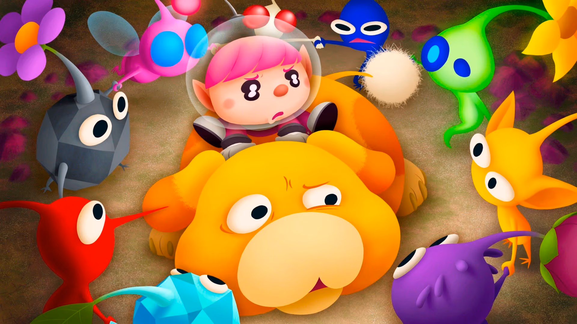 Pikmin 4 thumbnail art with Oatchi and Vernias' in-game character surrounded by all the types of pikmin