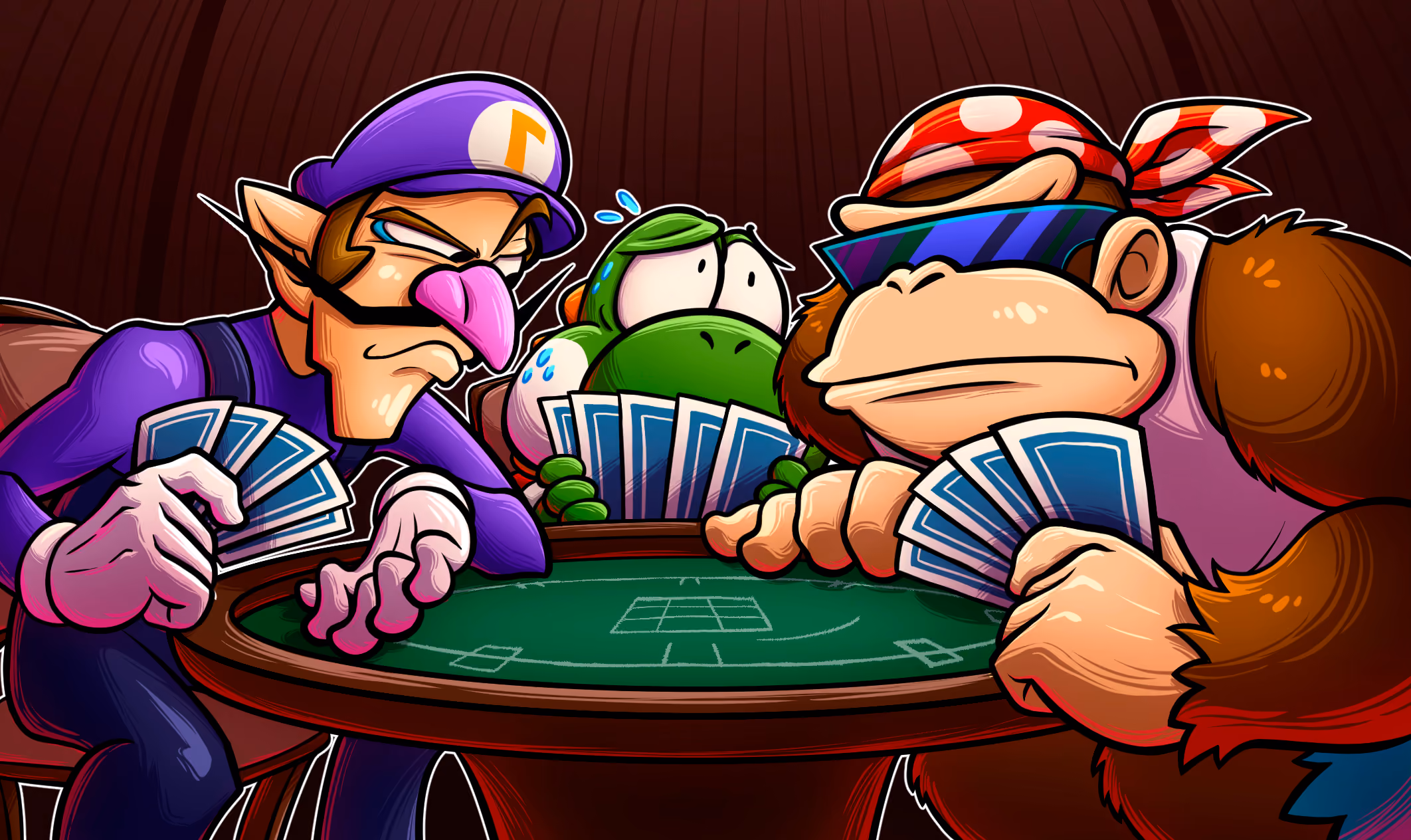 Waluigi, Yoshi, and Funky Kong playing poker against each other