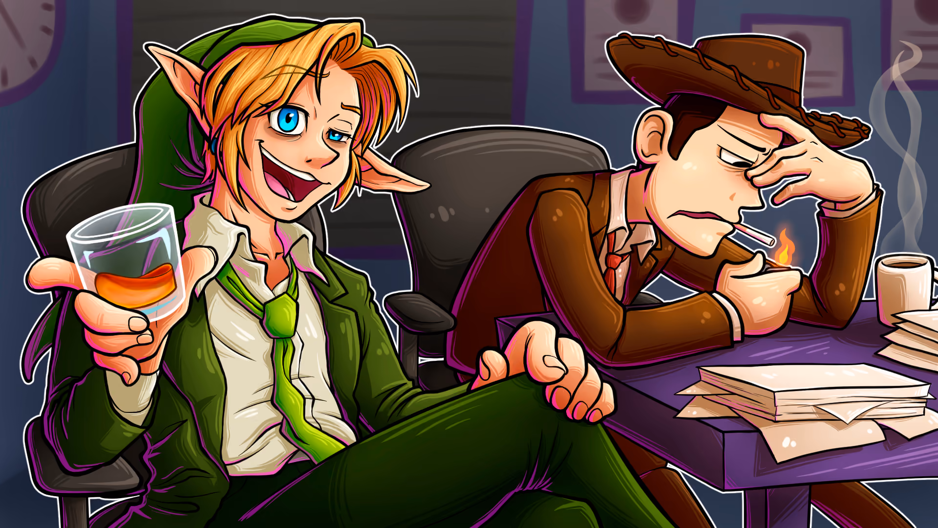 Ocarina of Time adult Link, in office attire holding a glass of whiskey, greets the viewer with optimistic exhaustion. Woody Toy Story, also in office attire, leans onto a table lighting a cigarette