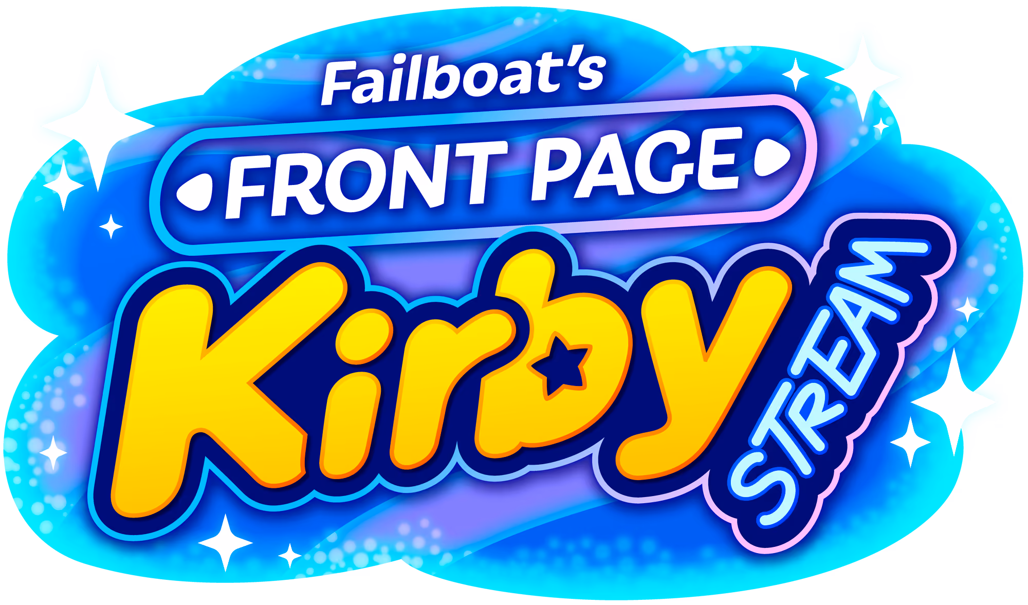 A logo for Failboat's Twitch front page Kirby stream. The text says, "Failboat's Front Page Kirby Stream"