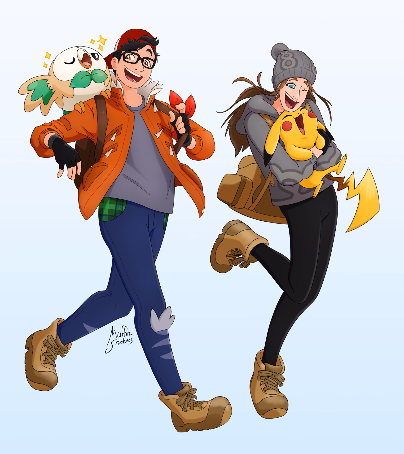 Two Pokemon trainers from the Galar region with a Rowlet and Pikachu