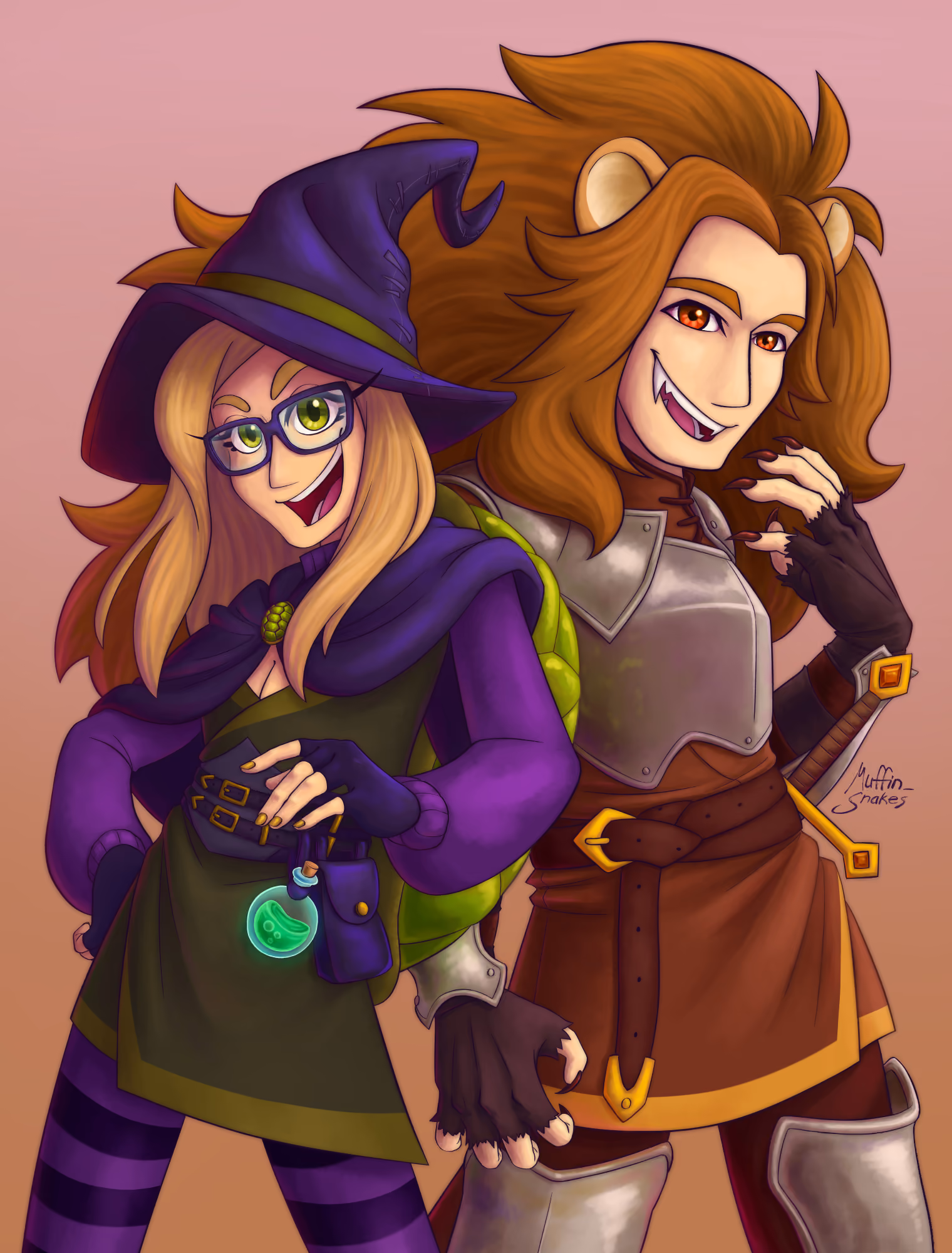 Two fantasy characters striking confident poses next to each other. Left is of a purple and green human/turtle mage, right is of a human/lion knight