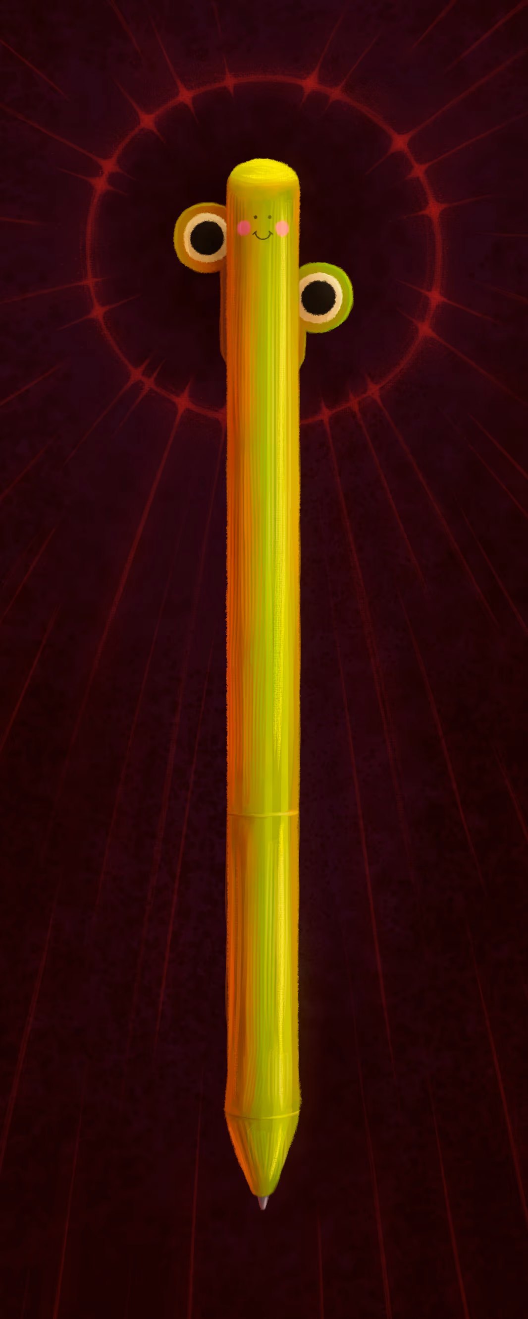 Frog pen facing forward with one eye up and the other down. The background is red with an intimidating glowing red halo