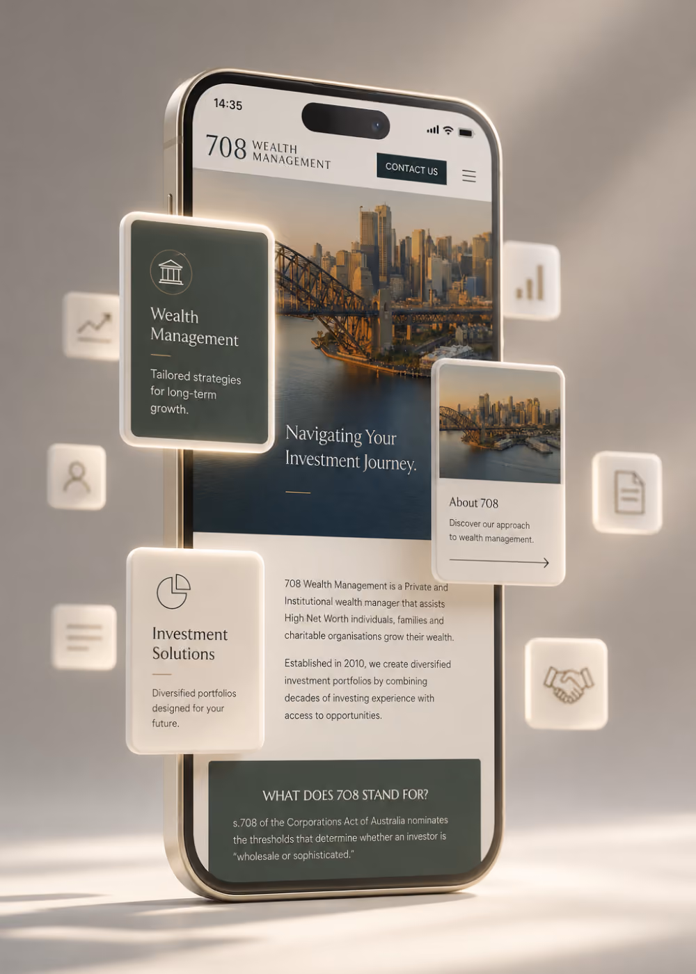Mobile website design for 708 Wealth Management on a phone with floating service cards over a Sydney skyline