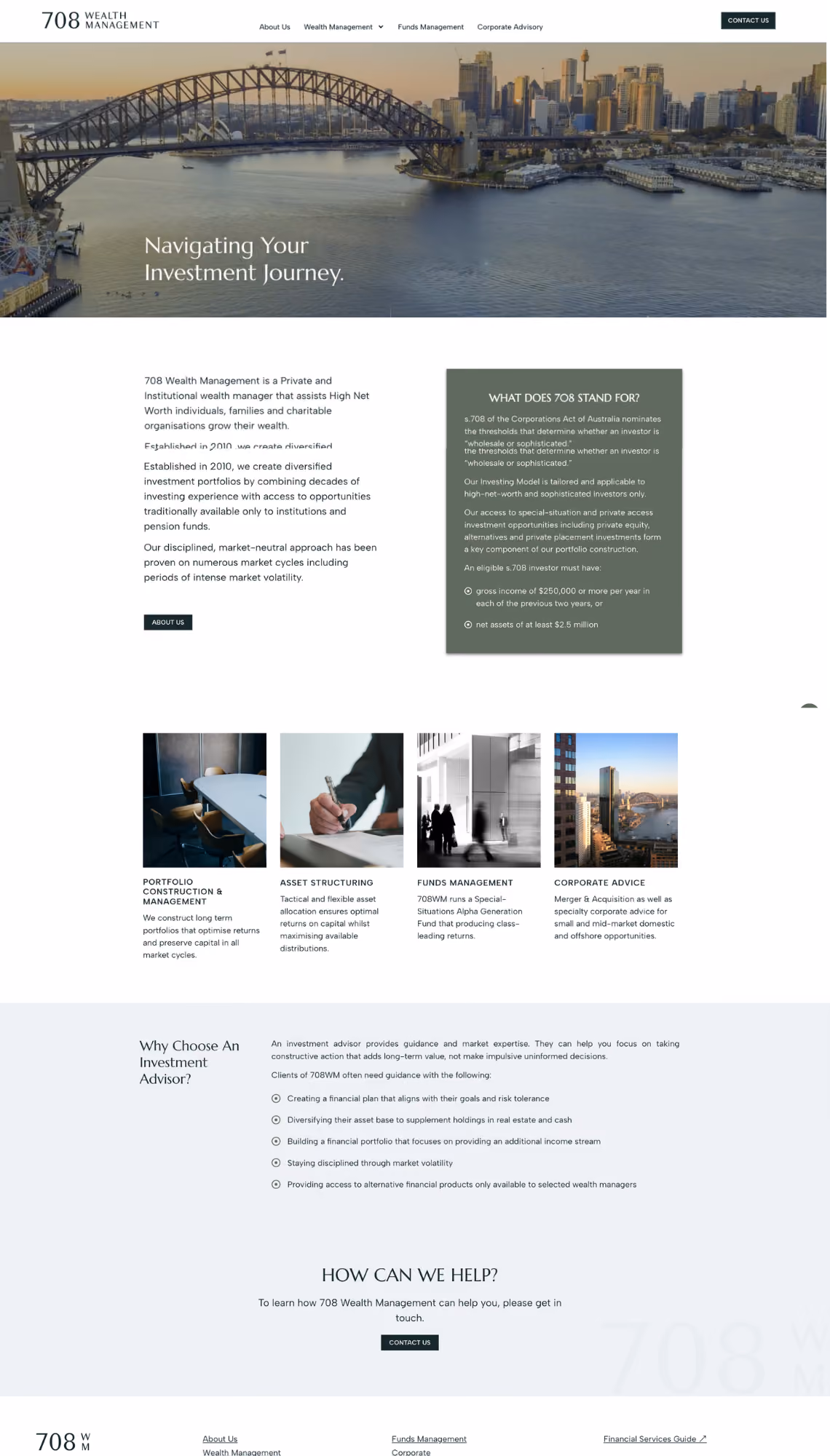 Website design for 708 Wealth Management, a Sydney financial firm, with a Sydney Harbour Bridge hero image