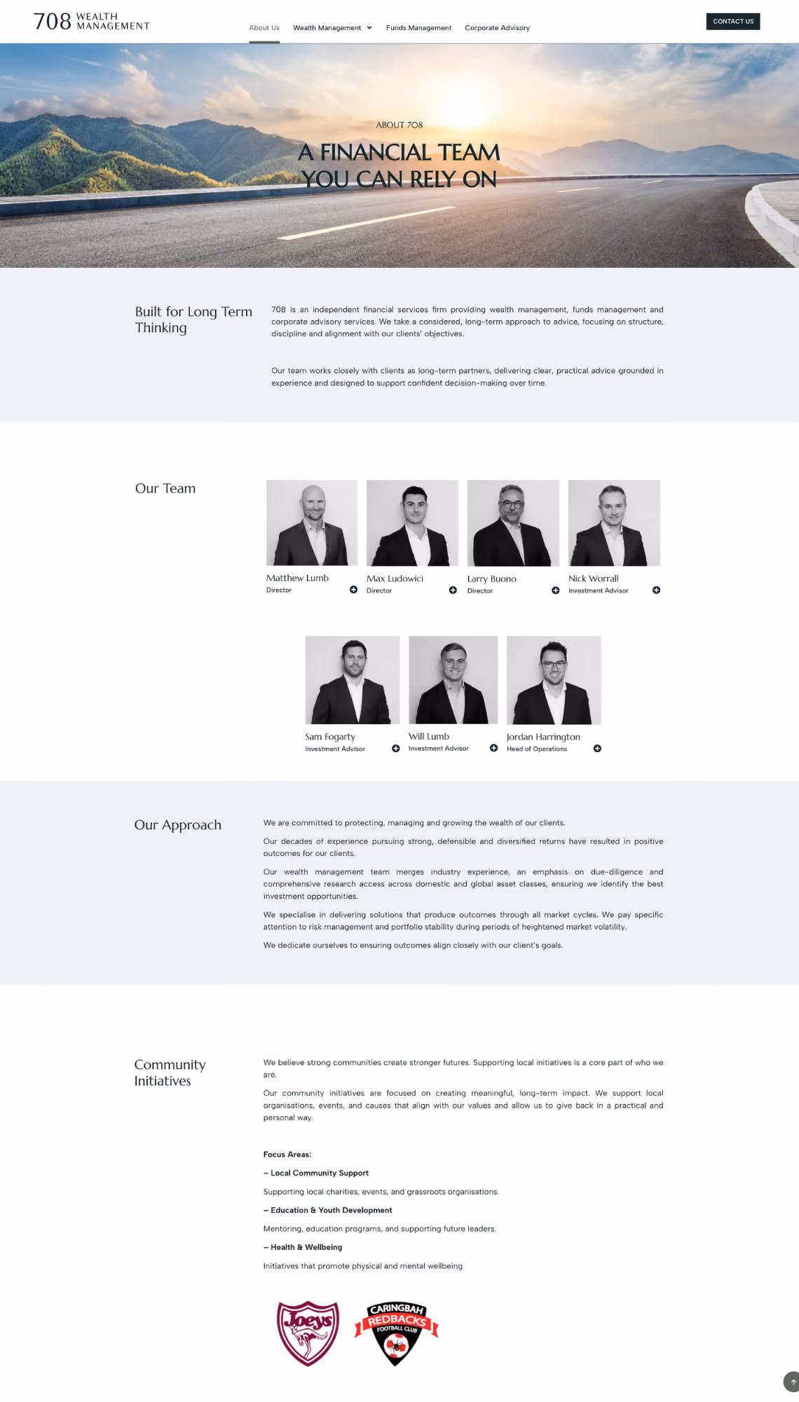 Website redesign for 708 Wealth Management showing the About page with team photos and approach section