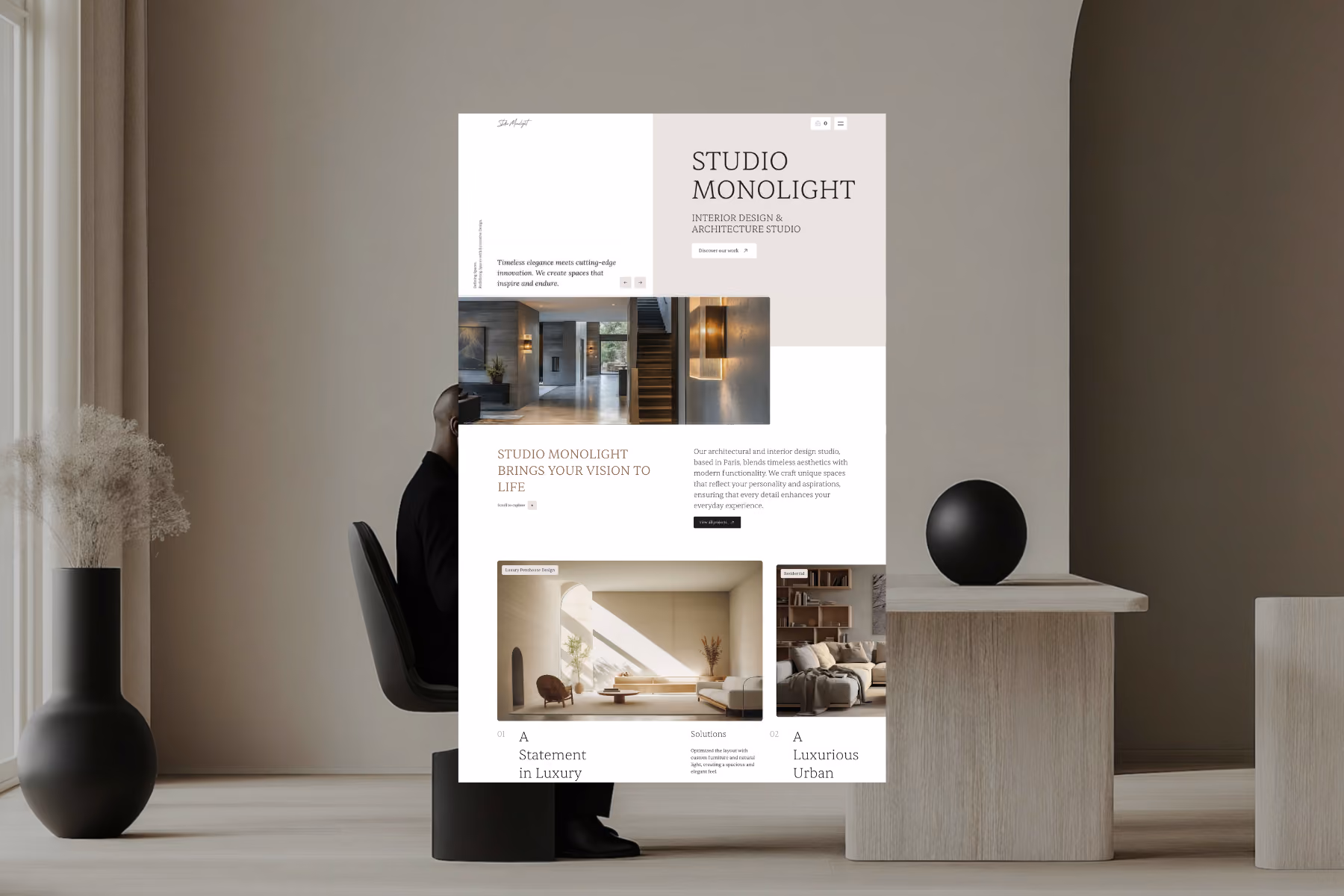 Website homepage design for Studio Monolight, an interior design and architecture studio, featuring a modern layout with images of stylish living spaces and minimalist typography.