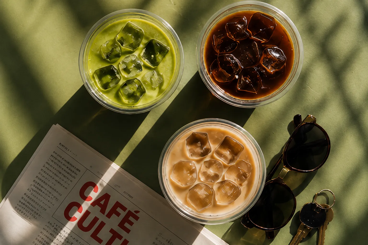 Content creation cafe with matcha, cold brew, and coffee