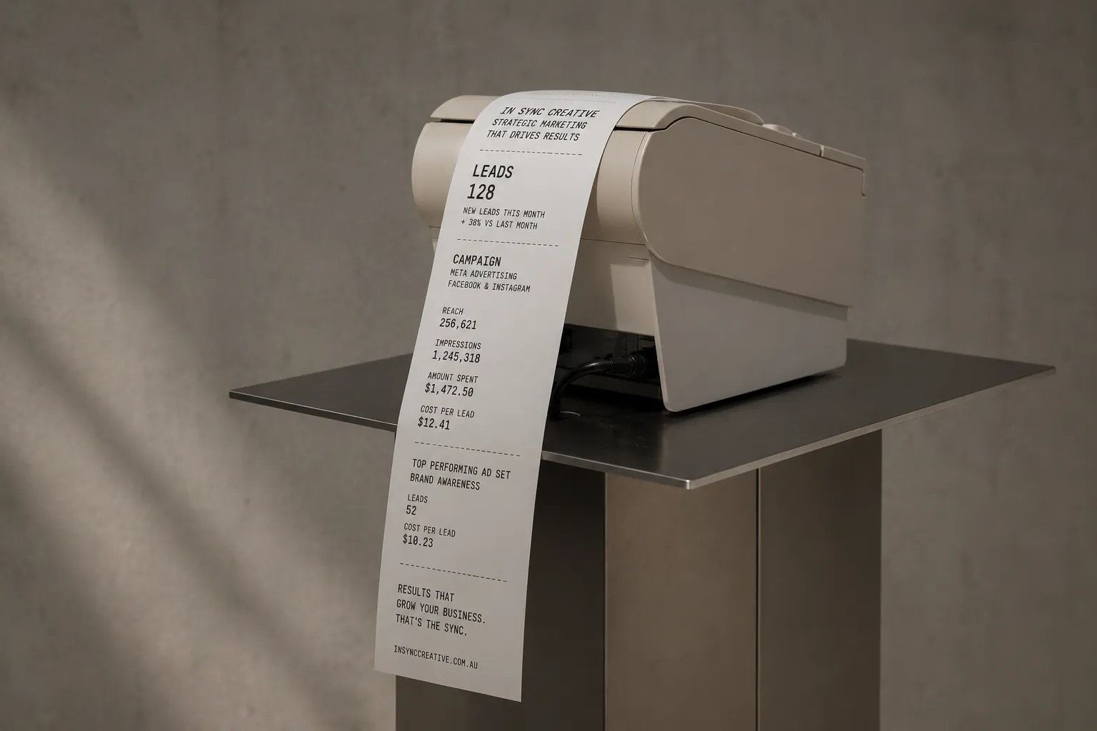 A receipt printer on a metal stand printing a long receipt showing marketing campaign metrics including 128 leads, reach of 256,621, impressions of 1,245,318, amount spent $1,472.50, and cost per lead $12.41 for Meta advertising on Facebook & Instagram.