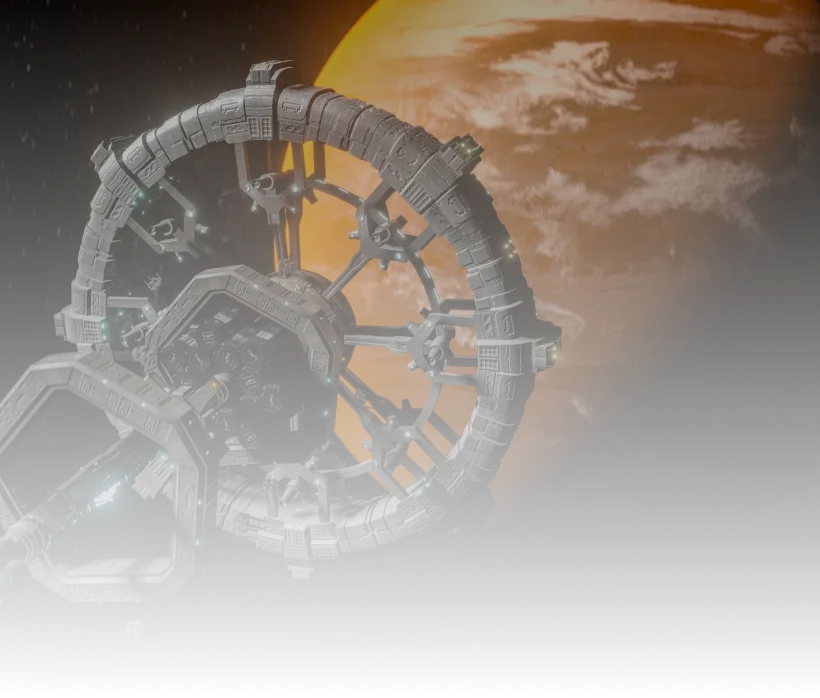 Futuristic space station with a large circular structure orbiting a planet with orange and yellow hues.
