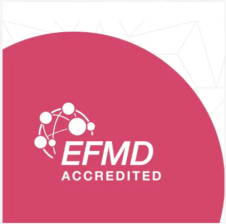 EFMD Accredited logo with network nodes forming a globe shape in white on a red circle background.