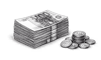 Stack of paper currency next to a pile of assorted coins on a white background.