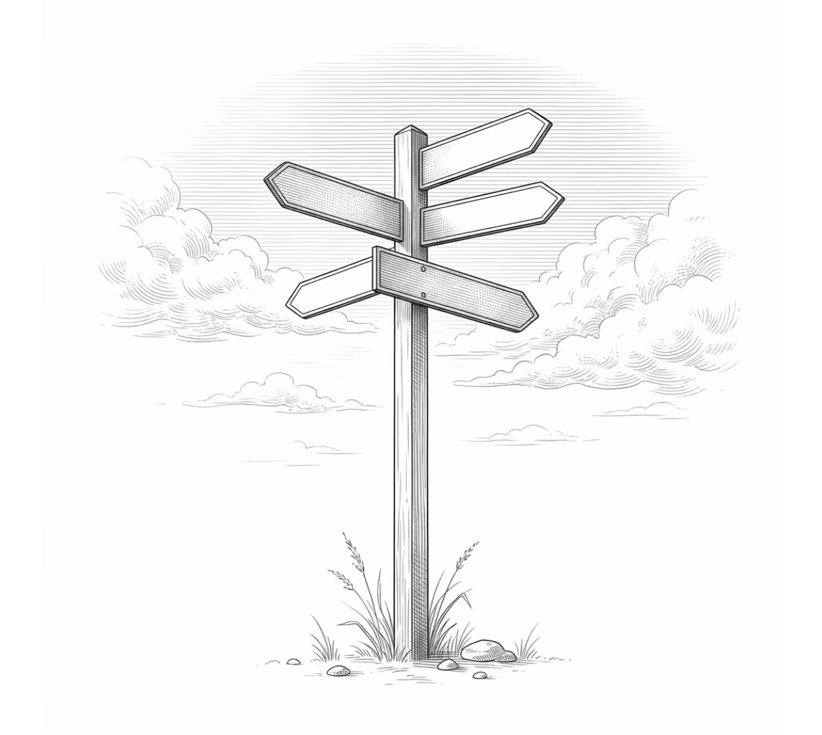 Black and white drawing of a wooden signpost with five blank directional arrows surrounded by grass and stones under a cloudy sky.
