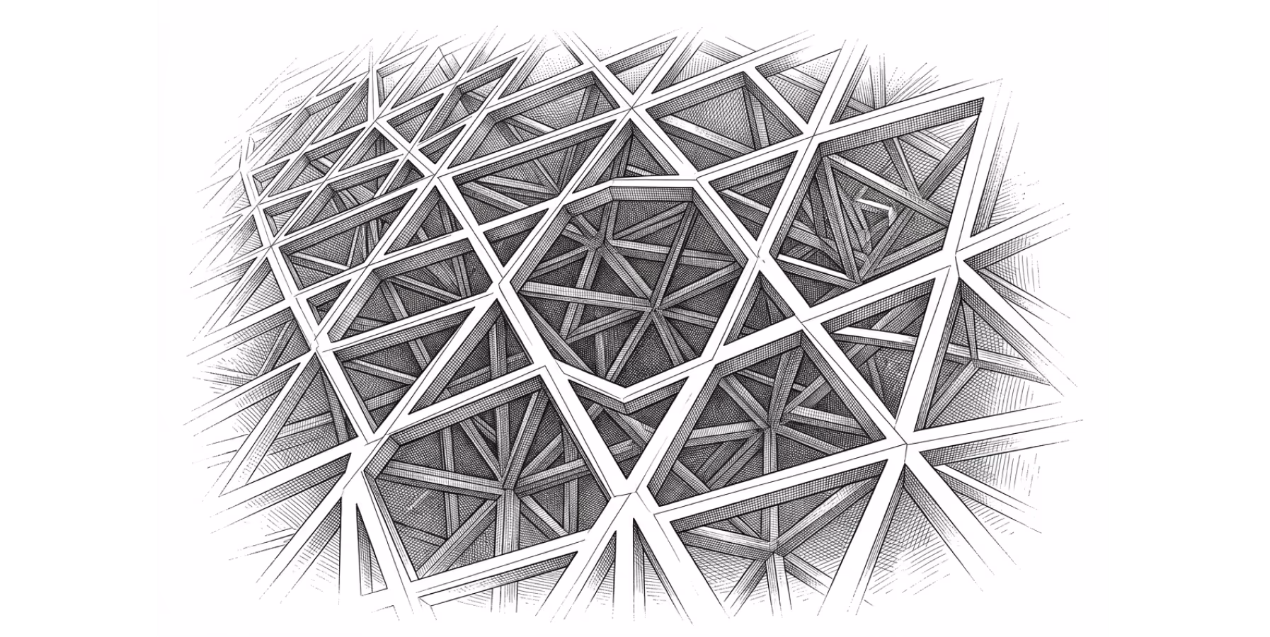 Black and white geometric pattern of overlapping hexagons and triangles with intricate line shading and crosshatched details.