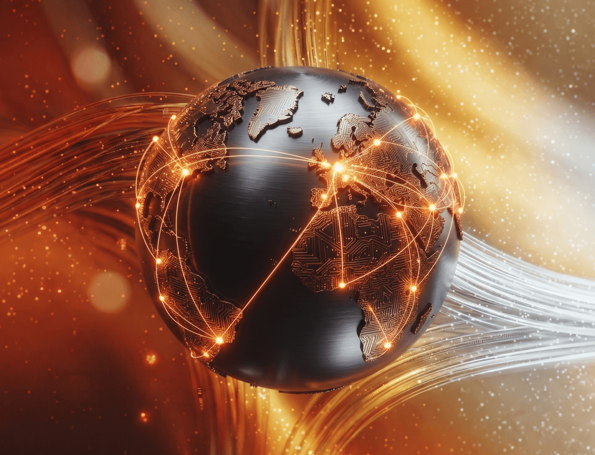 Abstract background with warm orange and dark brown light streaks and subtle golden sparkles.
