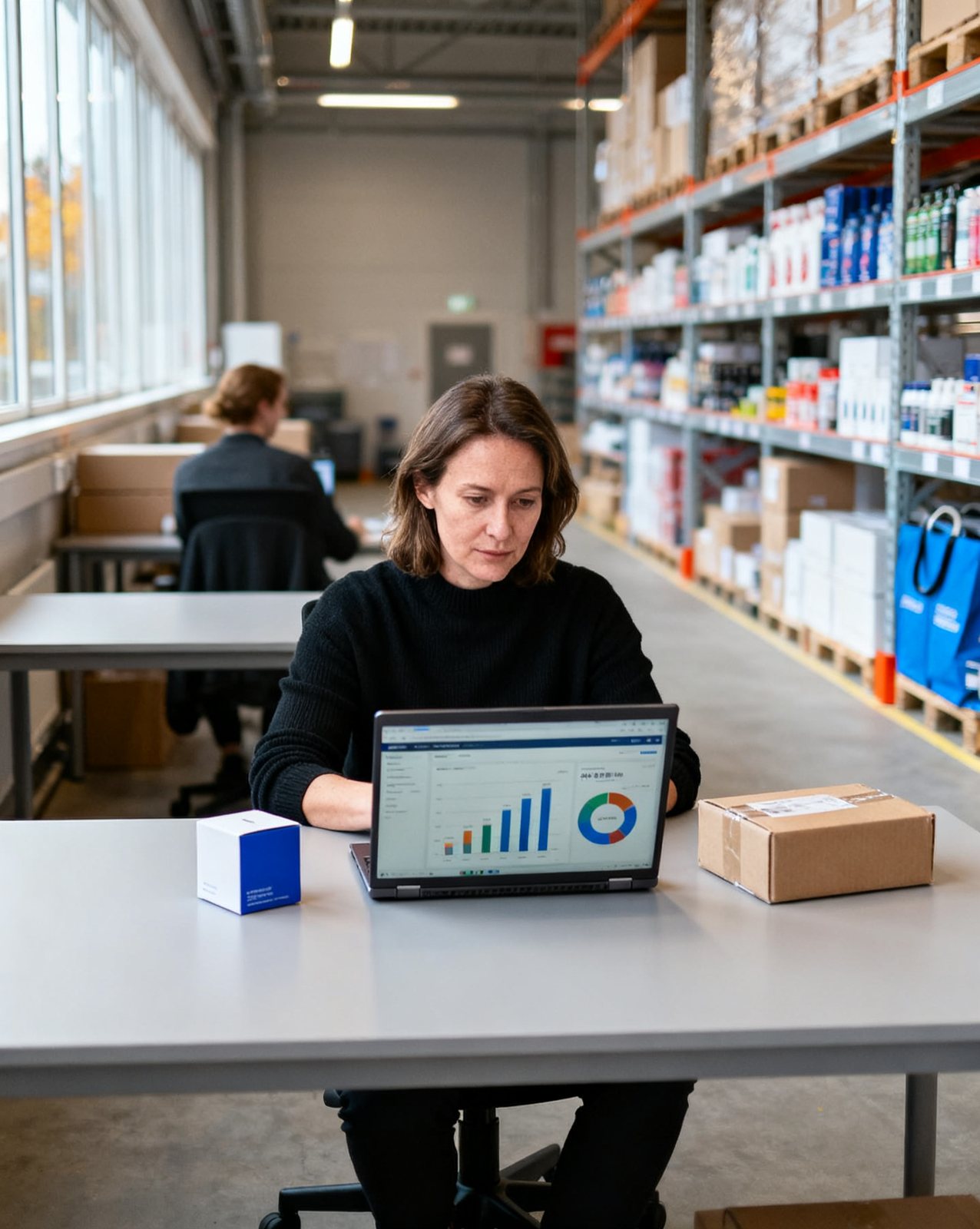 A channel lead reading the morning briefing on a laptop in the warehouse office