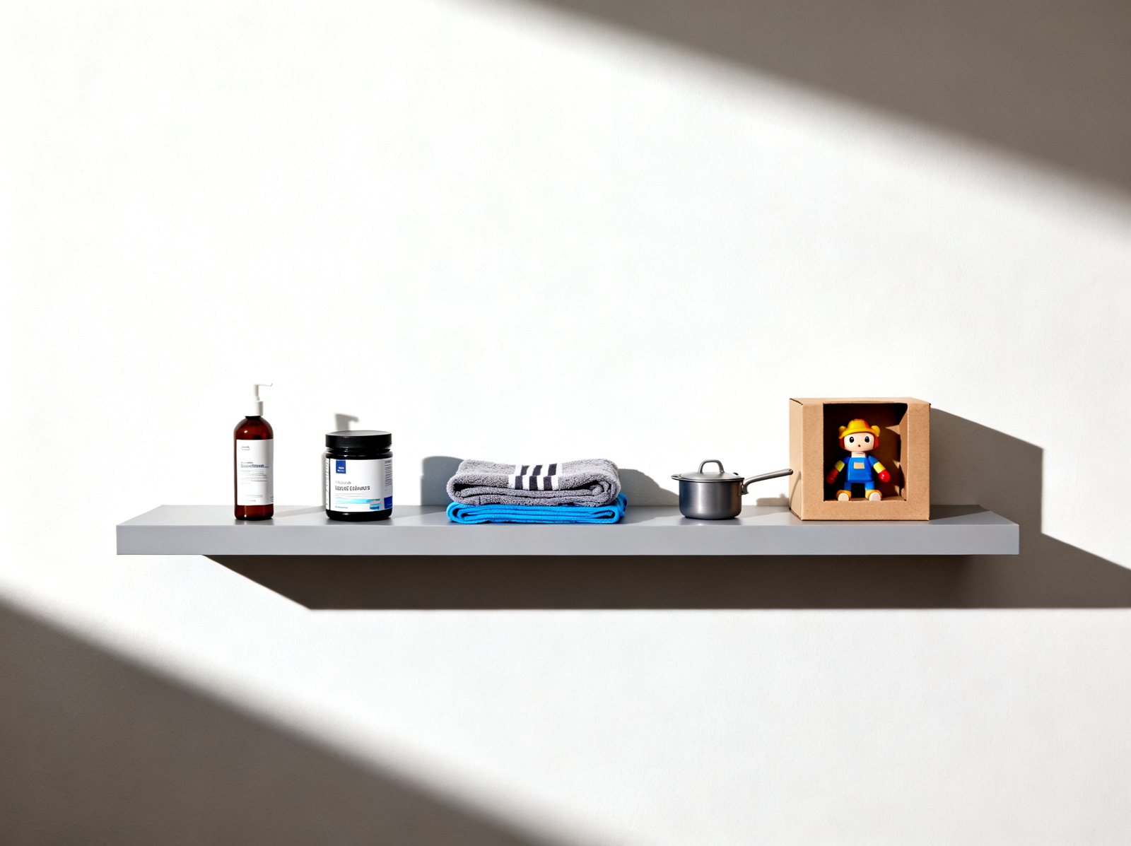 A shelf of consumer products in plain packaging
