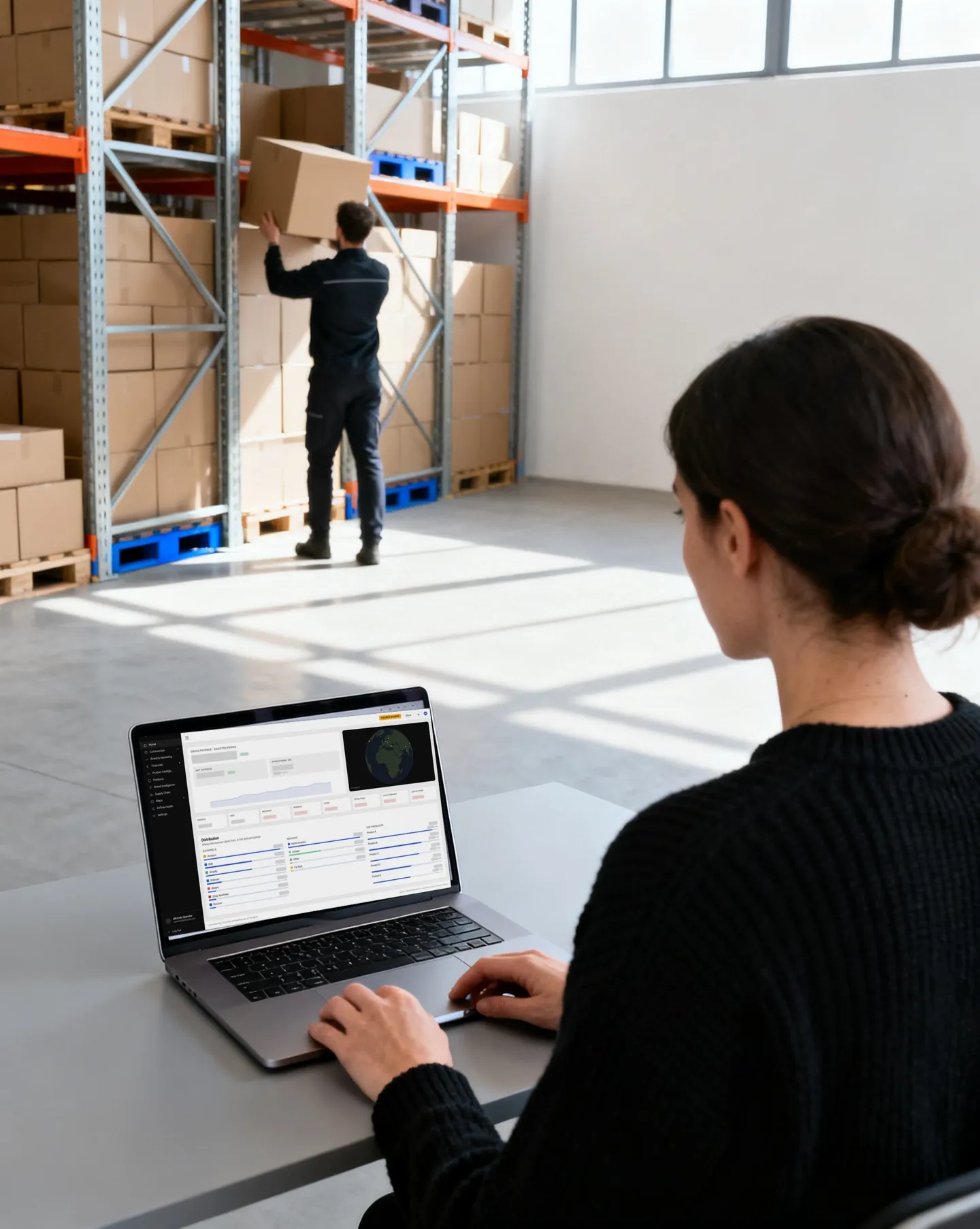 A channel lead reading the morning briefing on a laptop in the warehouse office