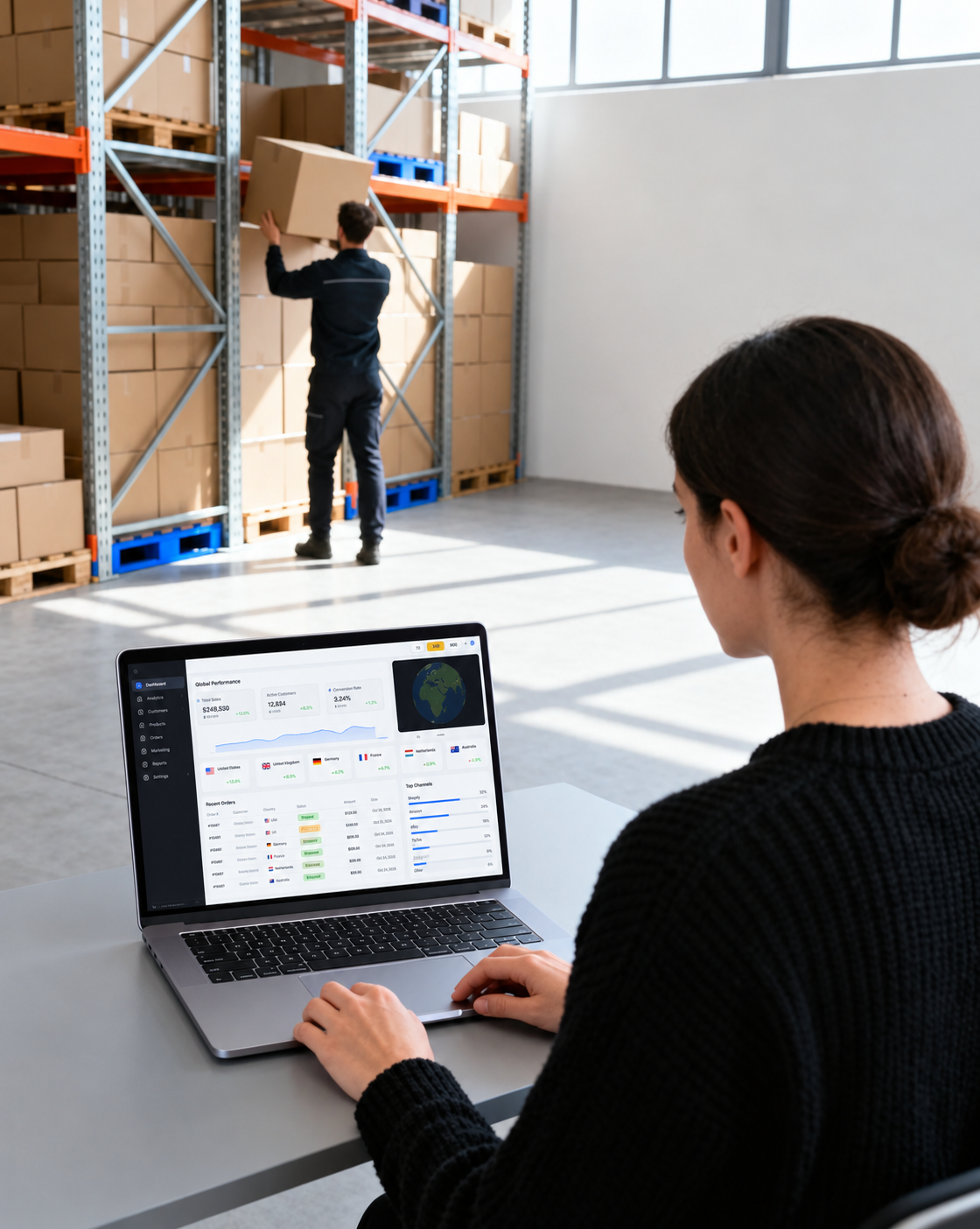 A channel lead reading the morning briefing on a laptop in the warehouse office
