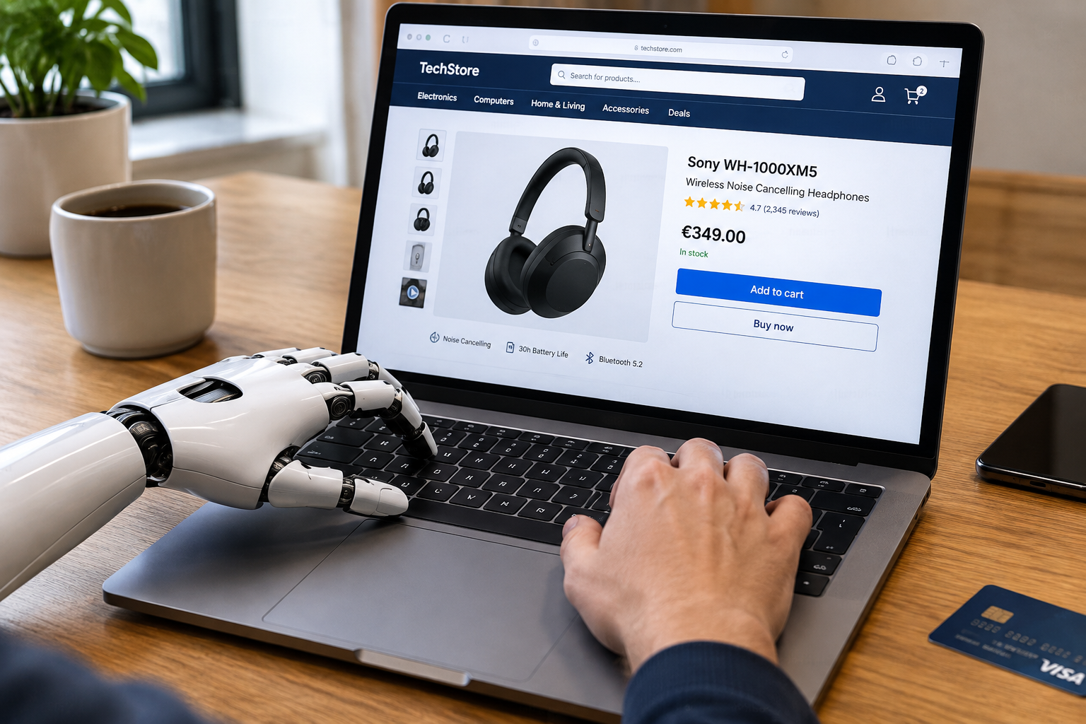 robot and human hand buying on internet