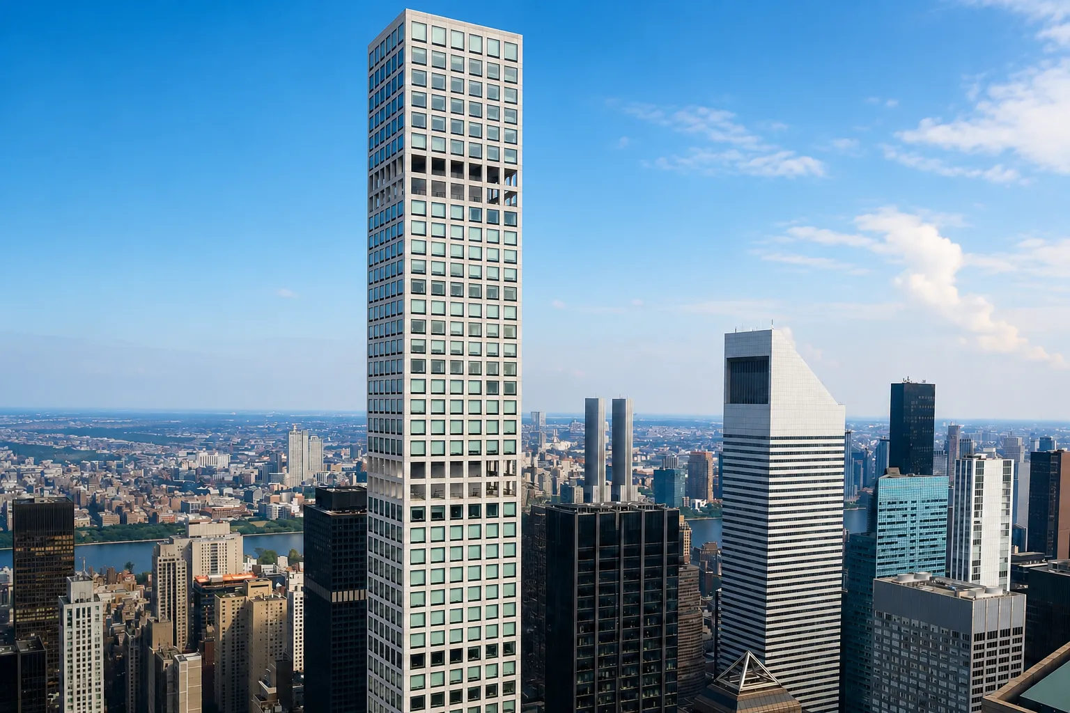 Slender glass high-rise tower rising above a city skyline on a clear day