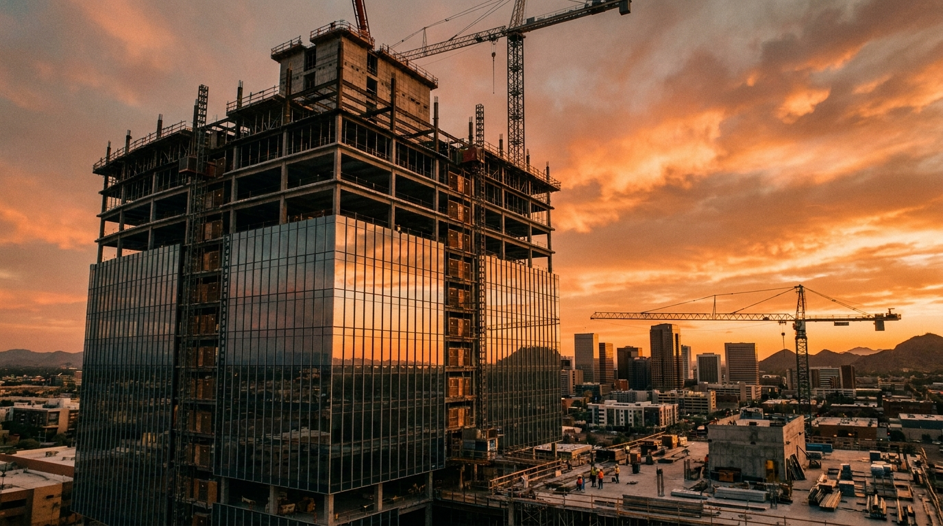 New glass skyscraper under construction rising above the downtown Phoenix skyline at sunset