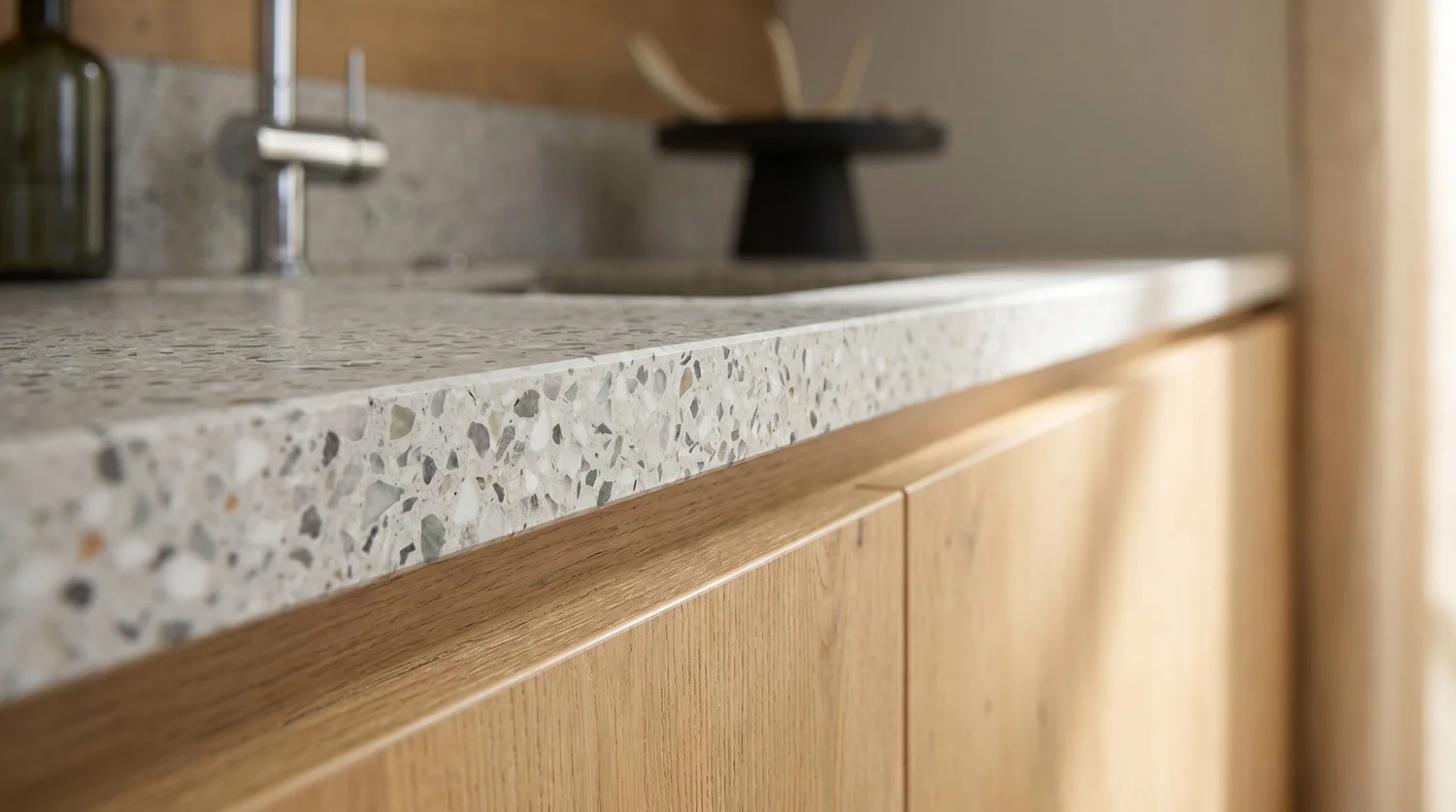 Detailaufnahme von Terrazzo-Arbeitsplatte und Holzfronten mit Griffleiste.