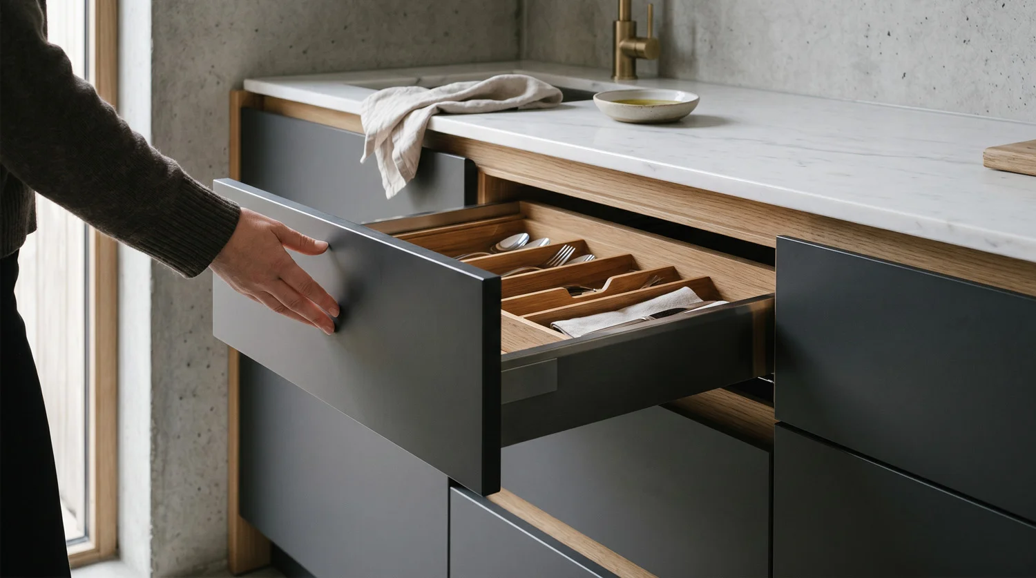 Hand öffnet Schublade mit Holzeinsatz in moderner Küche mit Steinplatte.