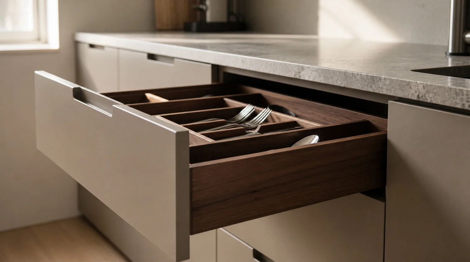 Geöffneter Küchenschubkasten mit Besteckeinsatz aus Holz unter Stein-Arbeitsplatte.