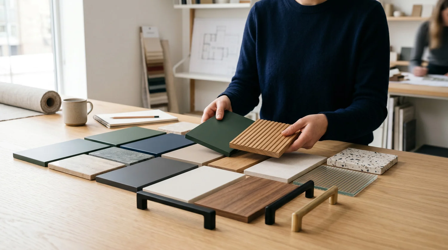Material- und Farbmuster sowie Griffe zur Küchenplanung auf einem Tisch.
