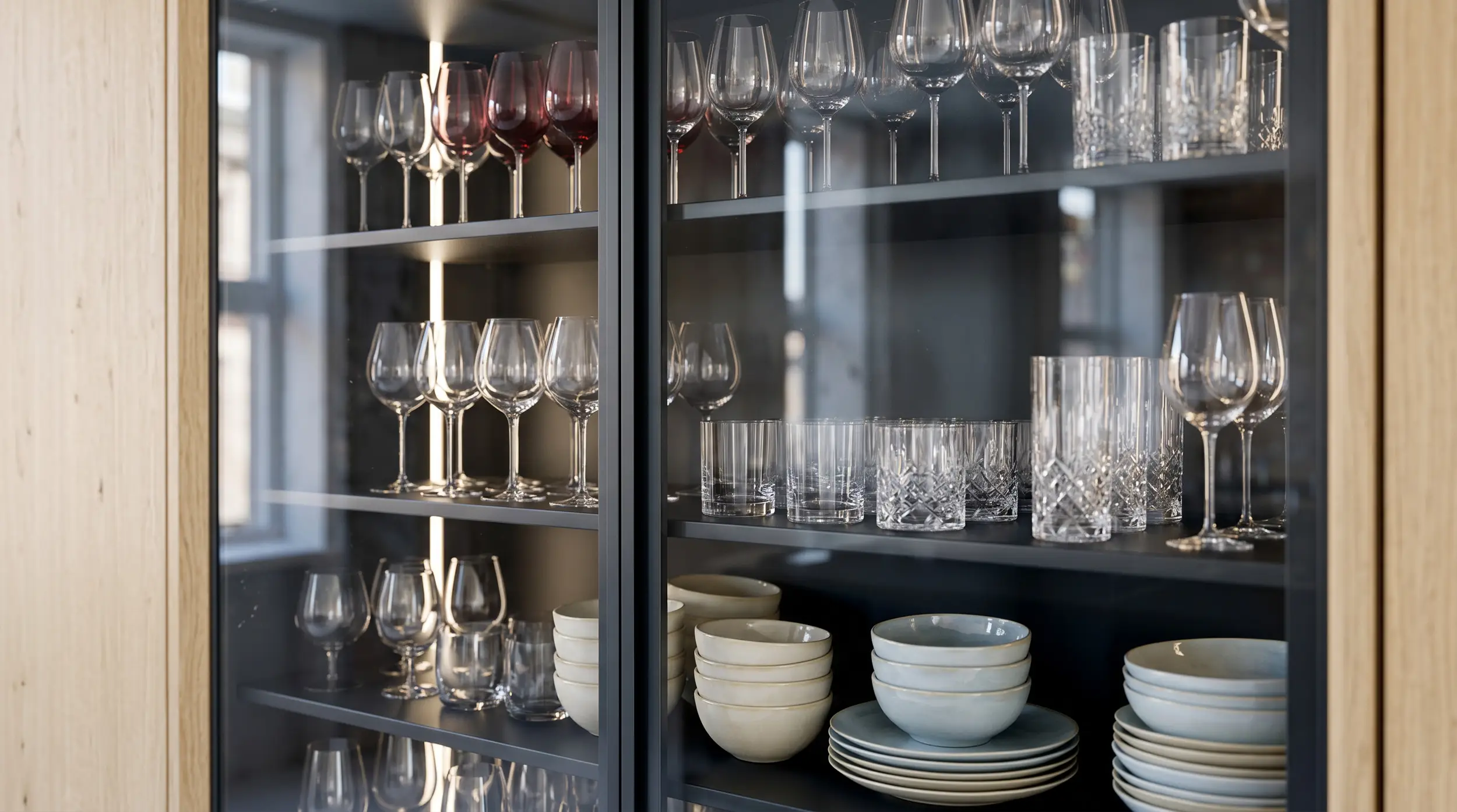 Beleuchtete Glasvitrine mit Wein- und Trinkgläsern sowie Geschirr in der Küche.