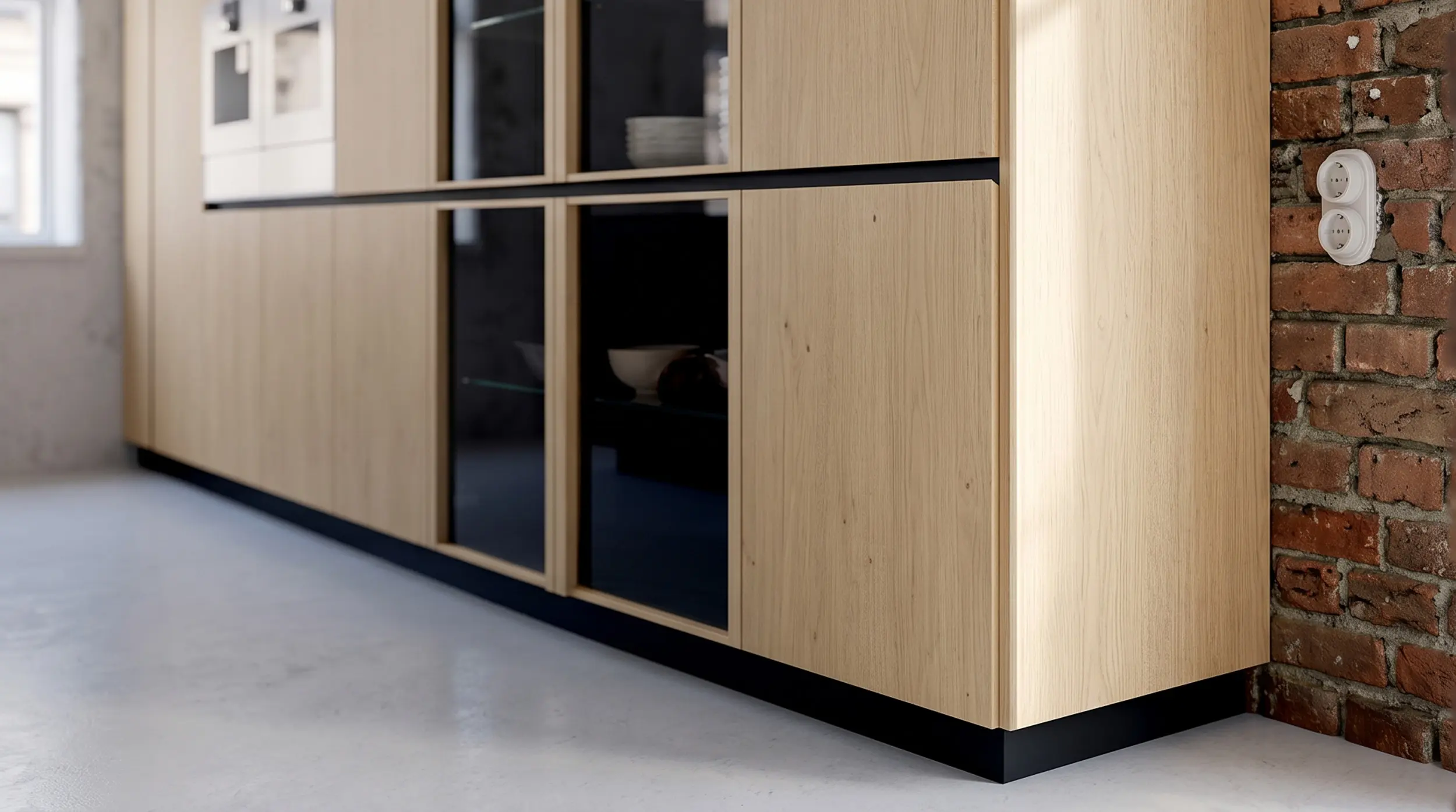 Küchenschrank aus heller Eiche mit schwarzen Glasfronten neben Ziegelwand.