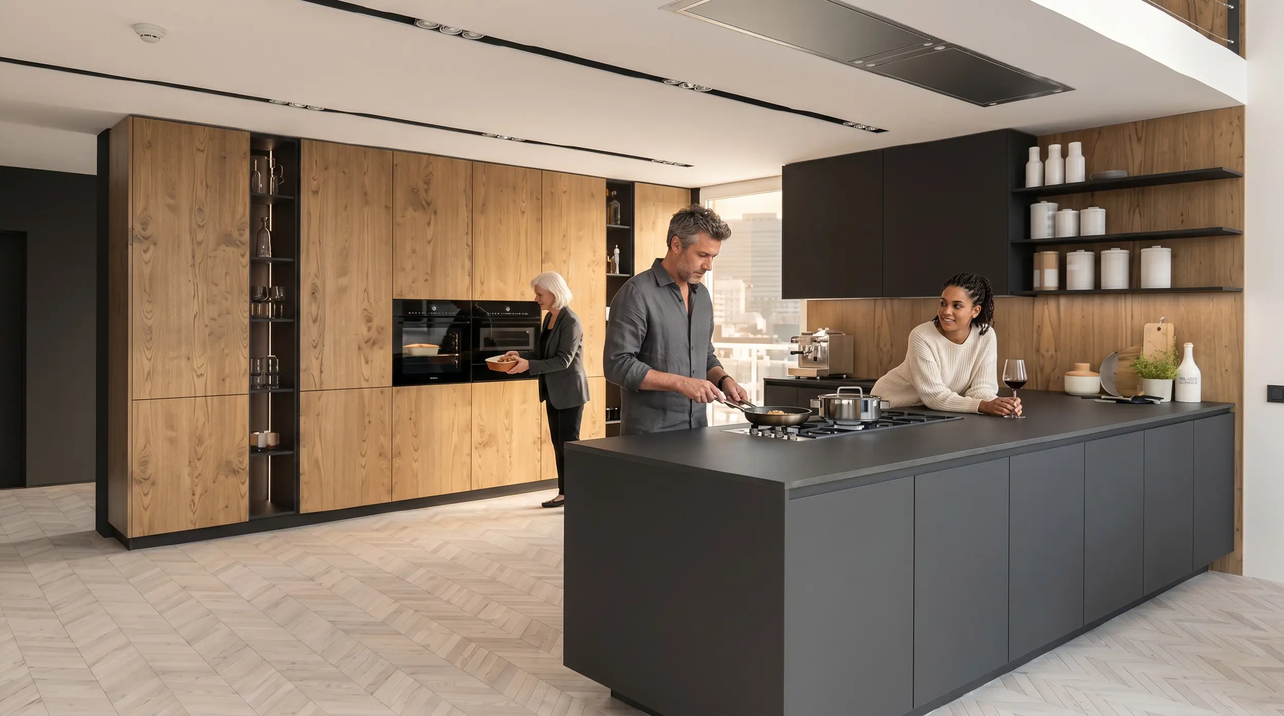 Offene Küche mit Holzfronten, dunkler Insel und Personen beim Kochen.