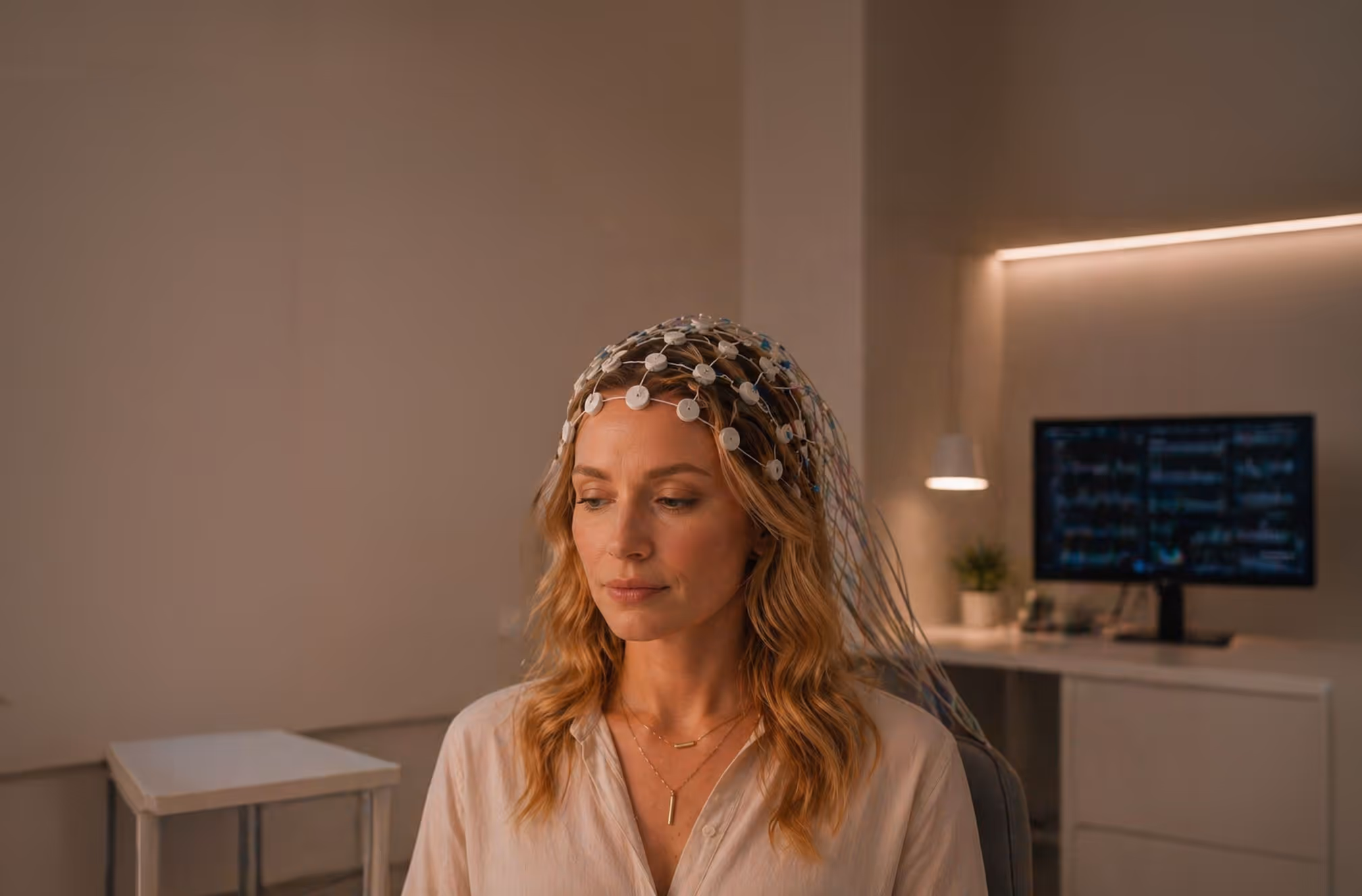 Woman wearing an EEG cap with electrodes on her head in a clinical room with a monitor showing brainwave data.