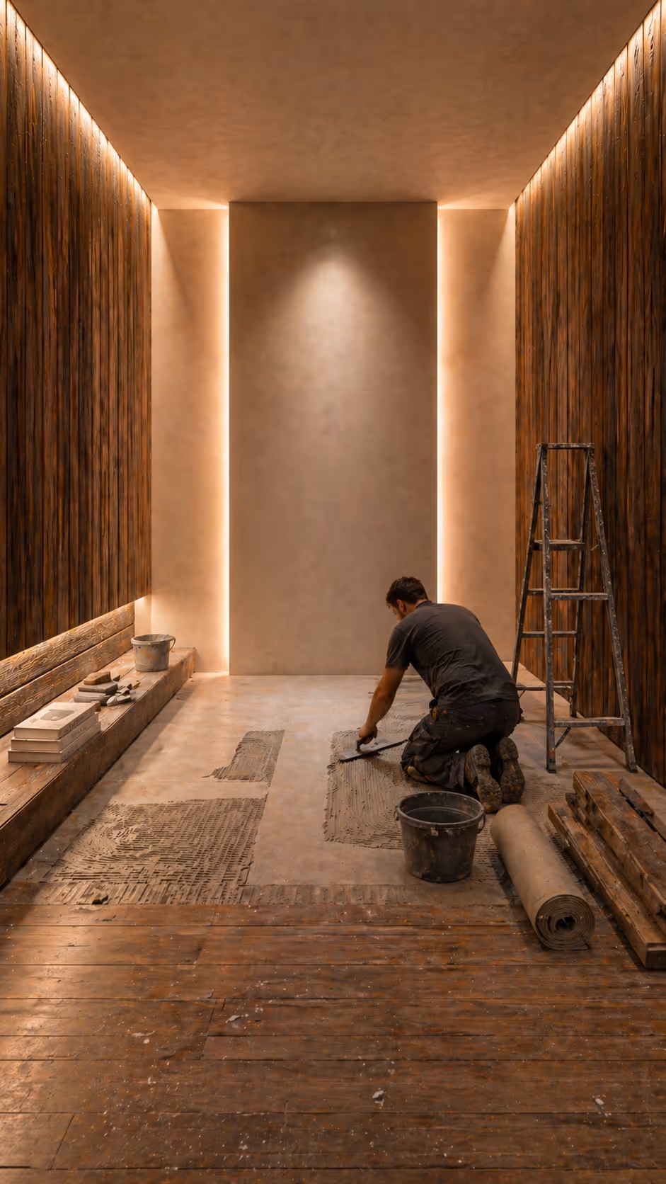 Man kneeling on floor, spreading adhesive to lay flooring in a modern room with wooden walls and recessed lighting.