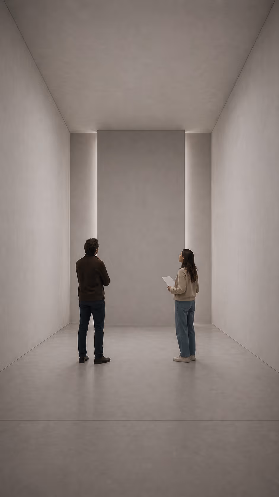 Two people standing in a minimalist, empty room with tall white walls and soft vertical lighting near a large central panel.