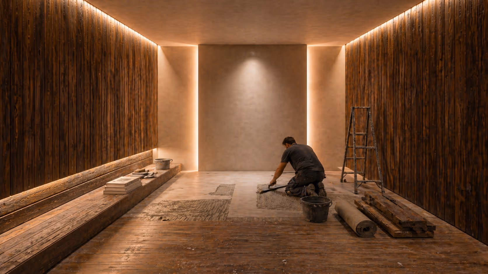 Worker kneeling on floor installing adhesive in a wood-paneled room with soft warm lighting.