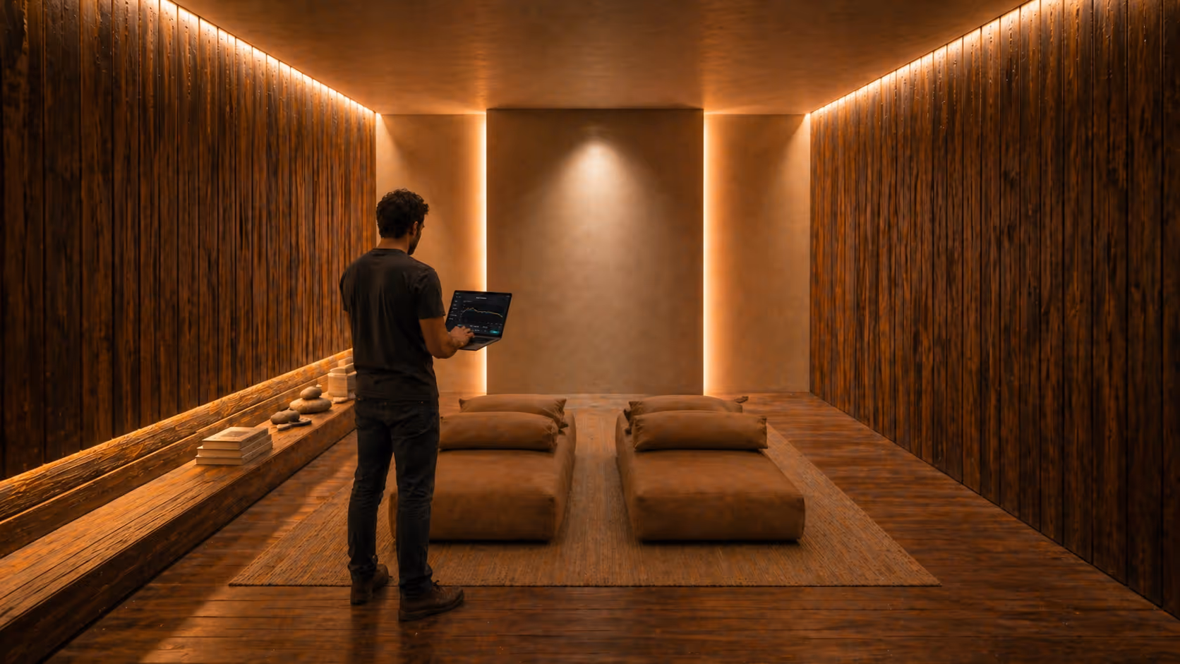 Man standing with a laptop in a warmly lit room with wooden floors and walls, featuring two low brown cushioned seats with pillows on a rug.