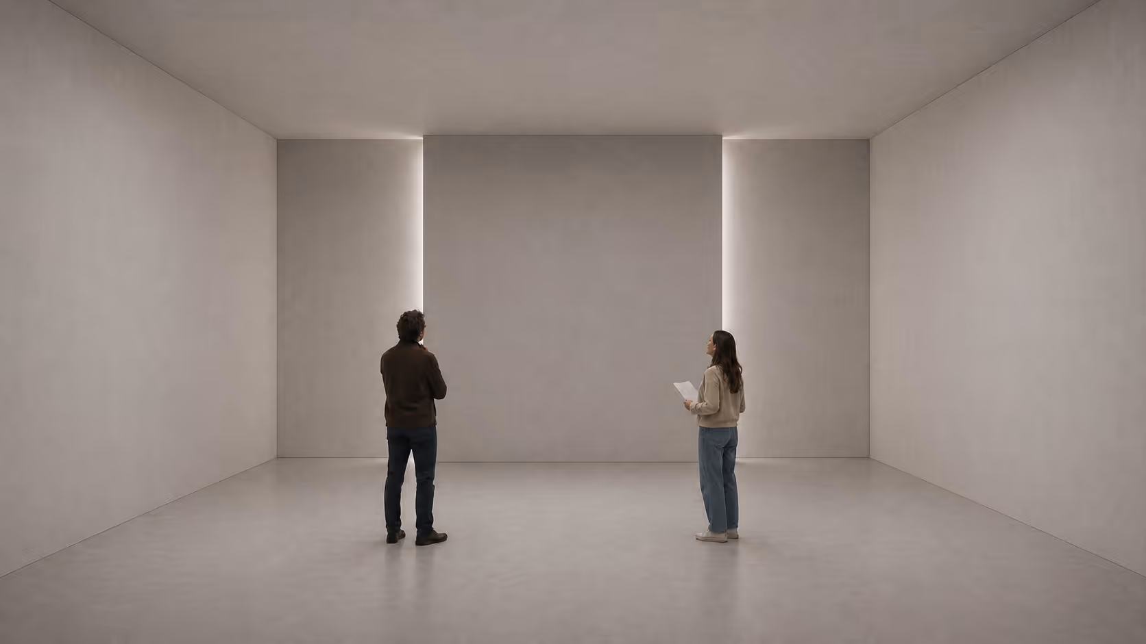 Two people standing in a large minimalist room with beige walls, facing a blank central wall flanked by vertical light panels.
