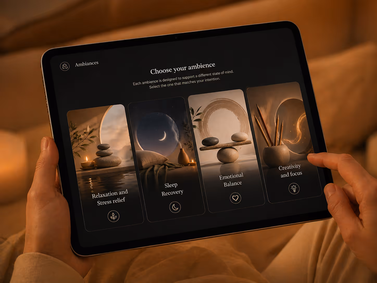 Tablet screen showing a meditation app with four ambience options: Relaxation and Stress relief, Sleep Recovery, Emotional Balance, and Creativity and focus.
