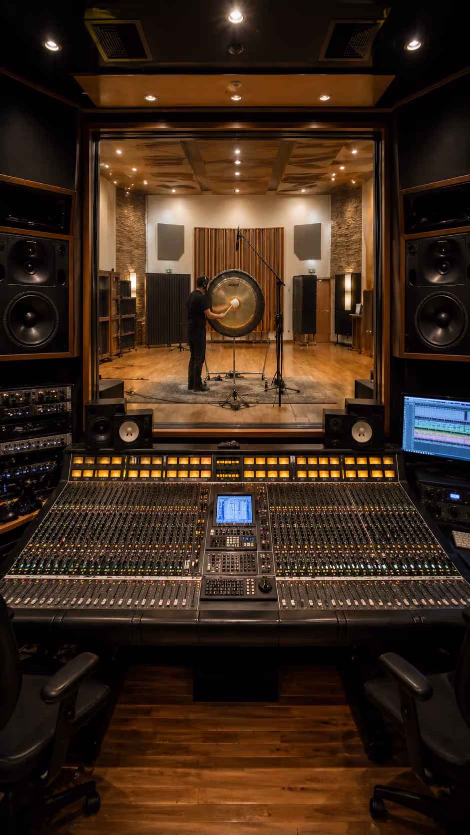 Audio mixing console in recording studio control room facing soundproof window with person playing a large gong in the recording booth.