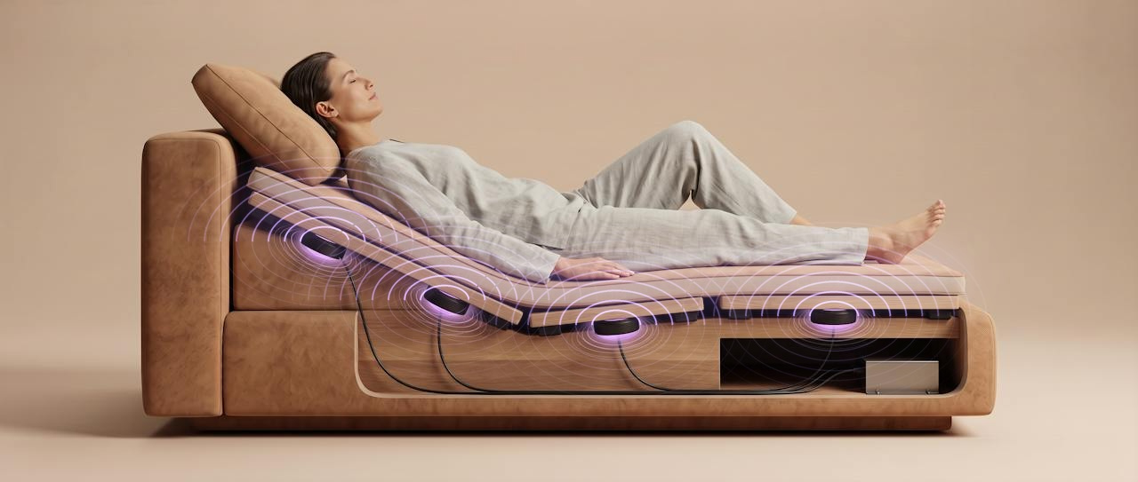 Person resting on a Viibe vibroacoustic mat with integrated transducers sending therapeutic vibration through the body