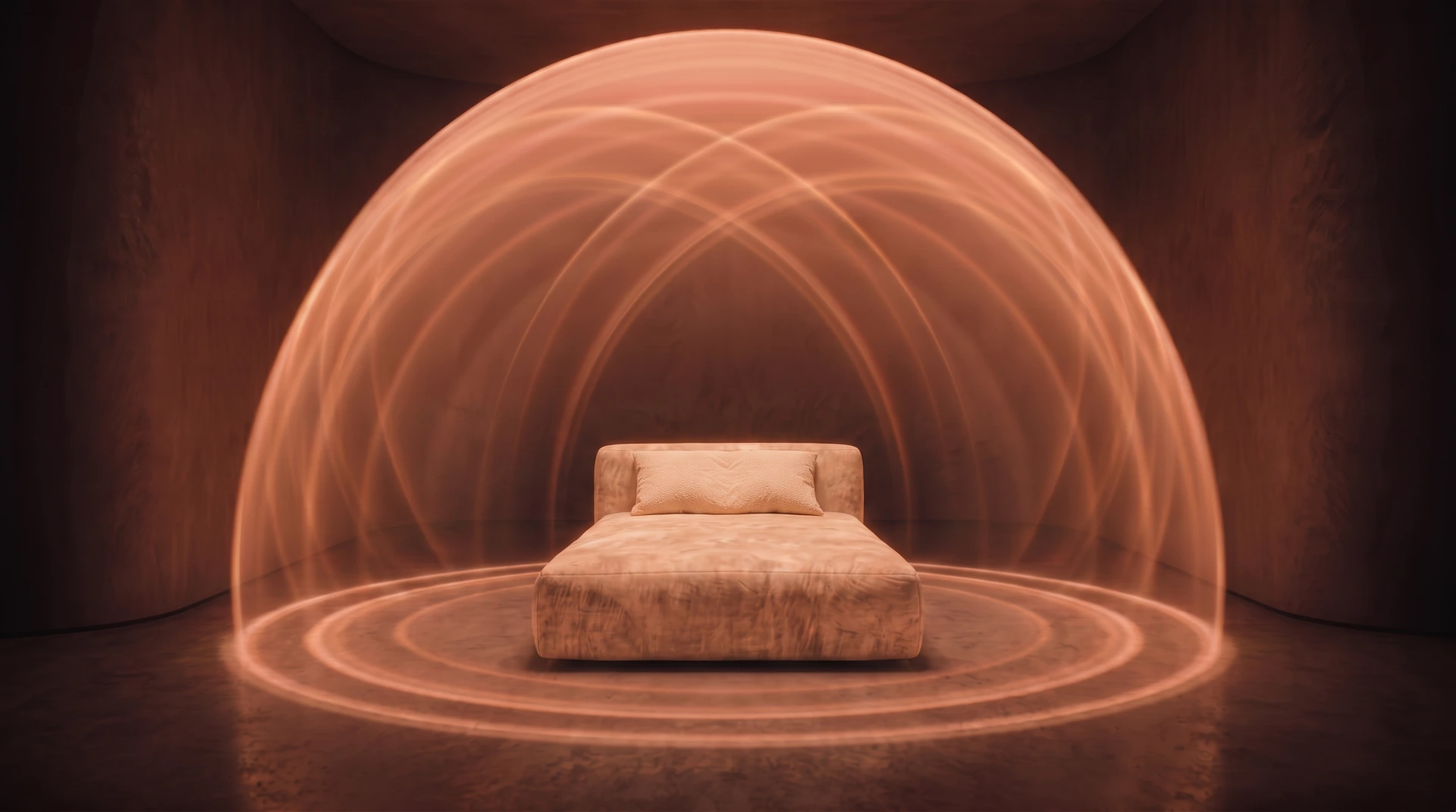 A bed seen head-on in a dim warm room, centred beneath a glowing dome of light arcs that show sound surrounding it from every direction.