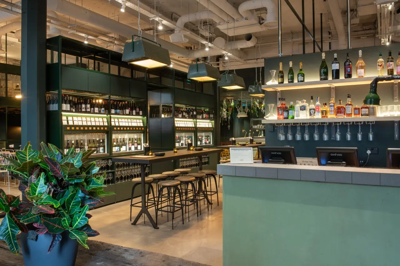 Bar counter and self-pour wine machines at Vagabond Monument, with a tropical plant in the foreground