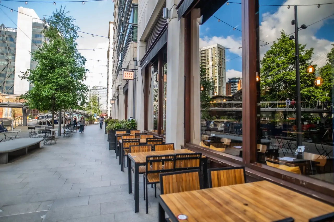 Outdoor tables along the canal-side terrace at Vagabond Paddington, Sheldon Square